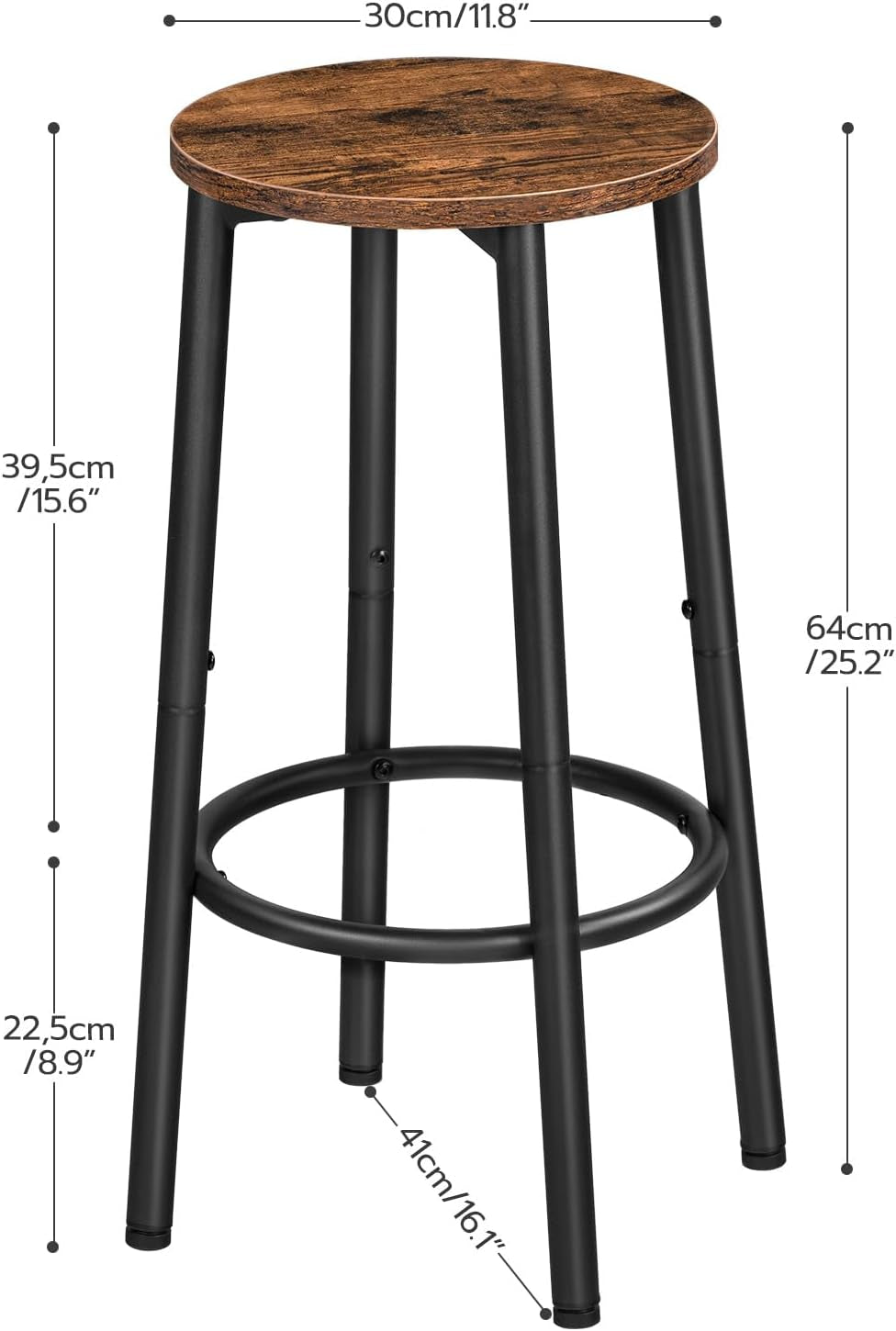 Set of 2 Round Bar Stools with Footrest, Sturdy Steel Frame, Brown Finish