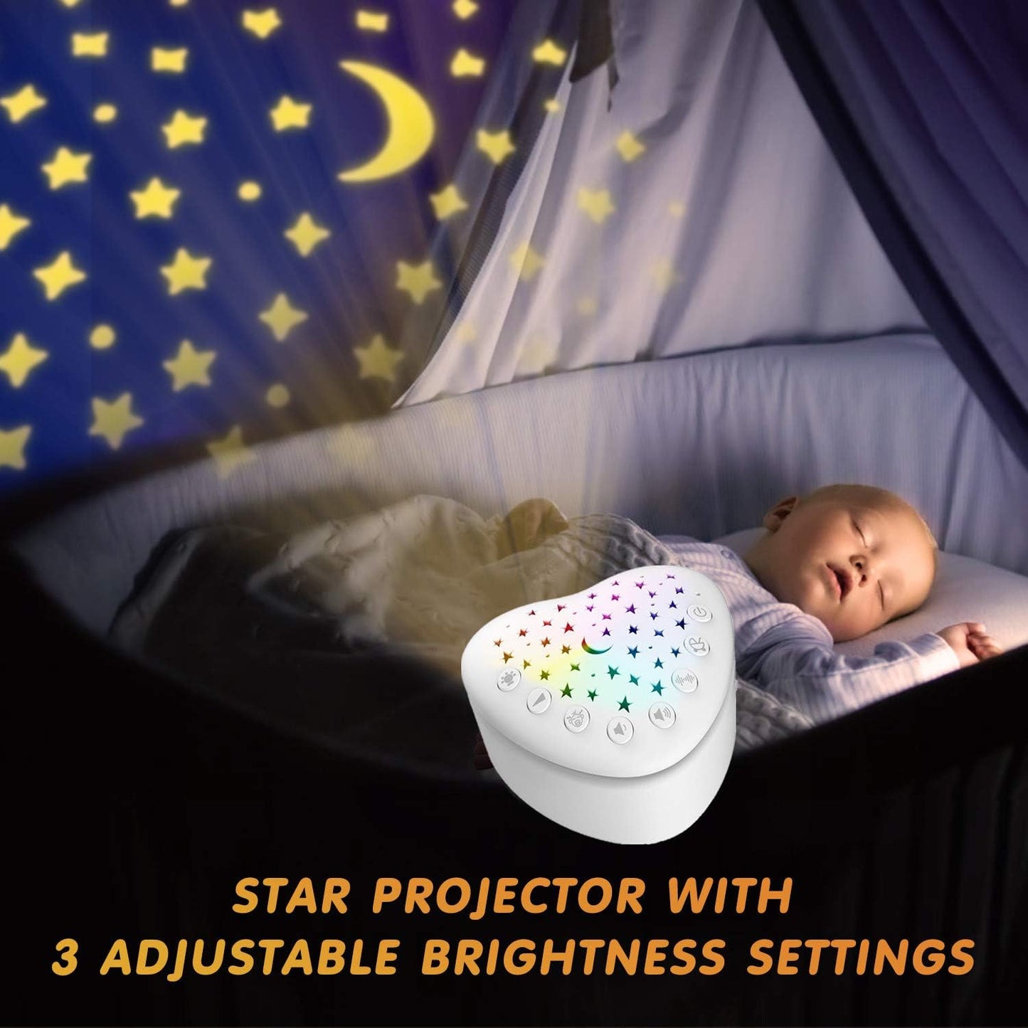 White Noise Machine Baby Sleep Soother - 15 Soothing Sounds, Projector Night Light, Cry Sensor, Rechargeable Battery, Portable Attachment
