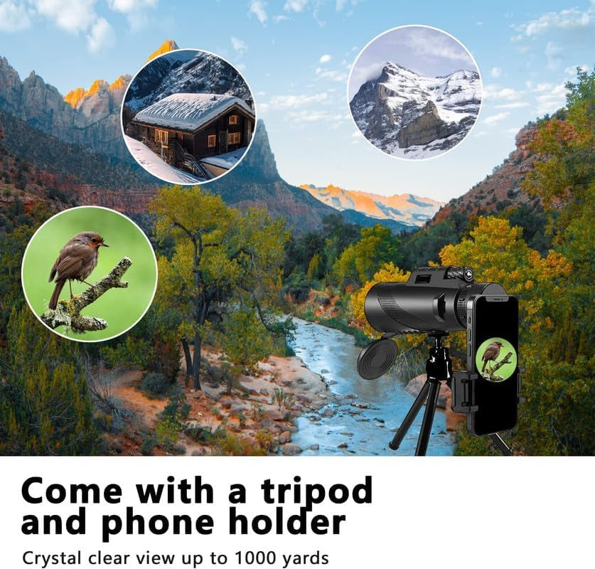 High-Powered 80X100 Monocular Telescope with Smartphone Adapter and Tripod for Bird Watching