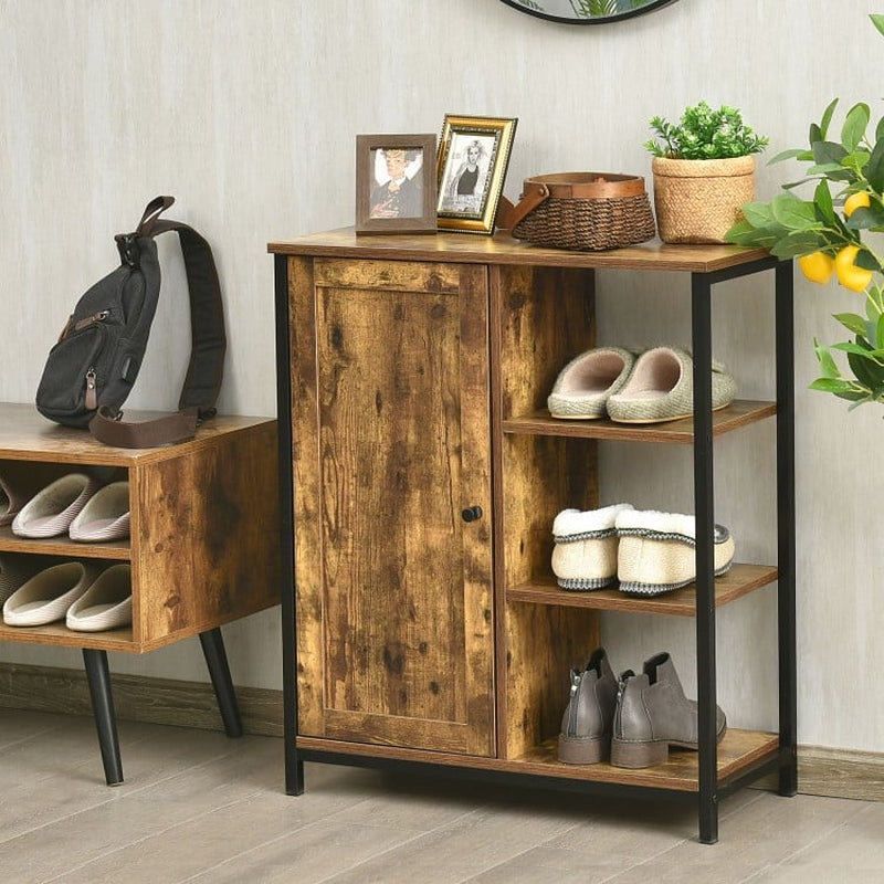 Freestanding Multi-Functional Storage Cabinet with Three Open Shelves and Doors