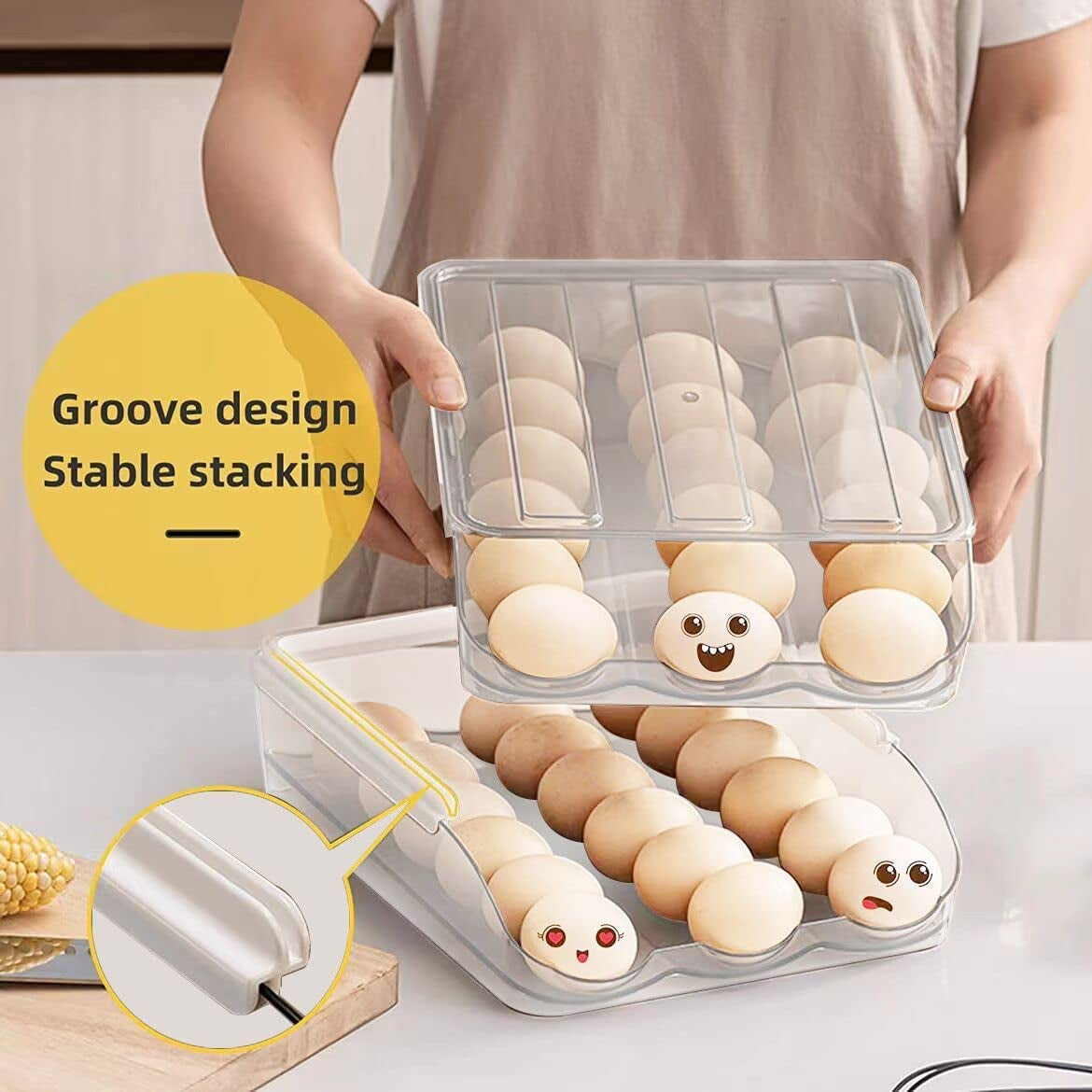 Large Capacity Egg Storage Organizer for Refrigerator with Lids, Auto Rolling Egg Container Tray, 2-Layer Fridge Storage