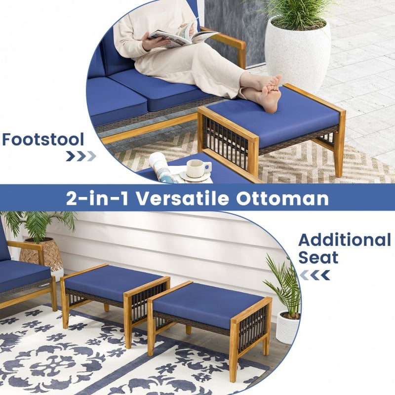 Acacia Wood Patio Ottomans with Cushions and Versatile Rattan Woven Footstools