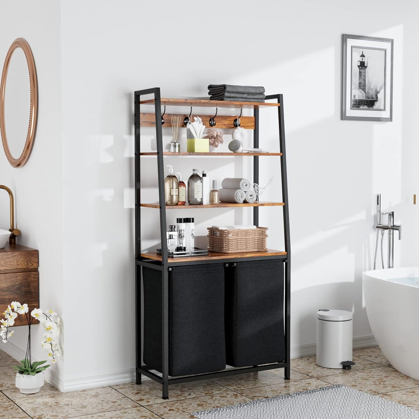 4 Tiers Laundry Hamper with Shelf and Hooks, Tall Laundry Basket Sorter with 2 Removable Laundry Bags, Ladder Shelves with Clothes Hamper for Laundry Room Bathroom Bedroom