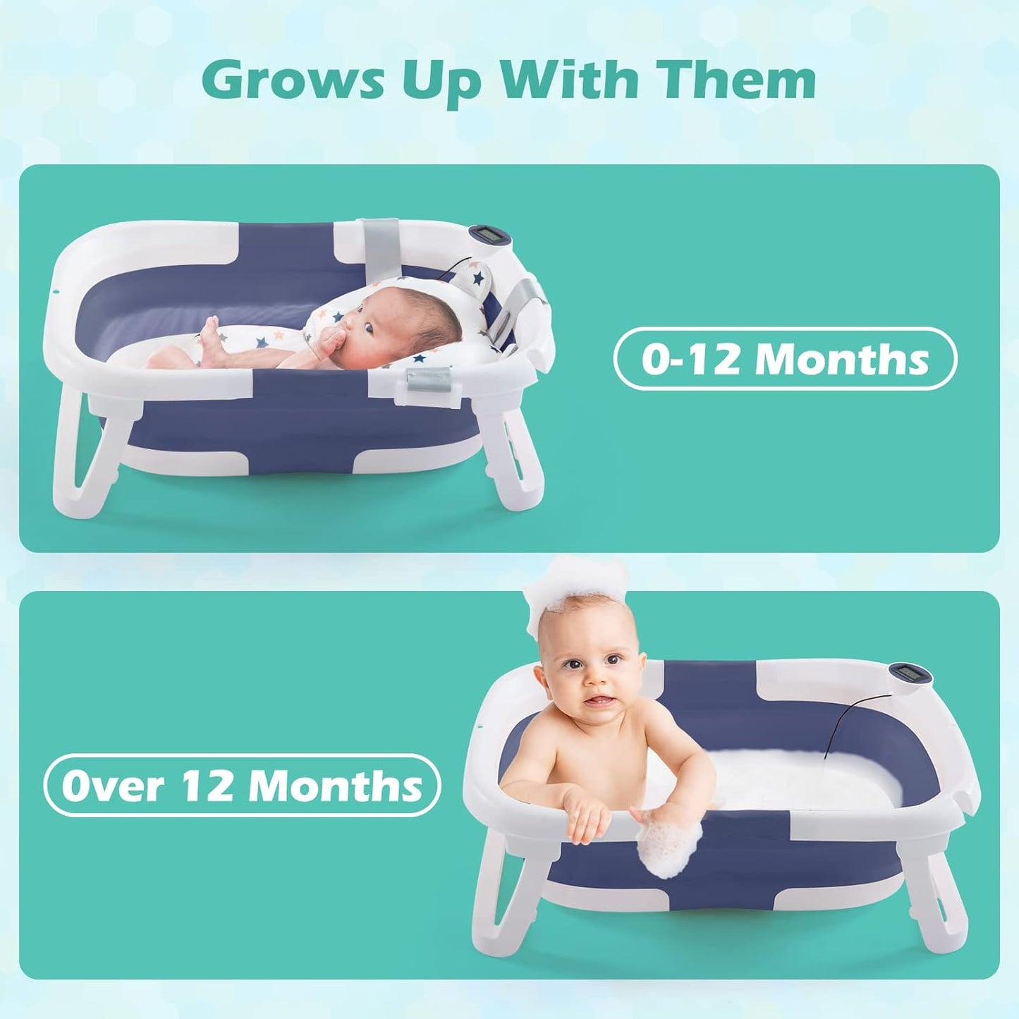 Portable Foldable Baby Bathtub - Travel Design, Drain Hole, Collapsible, Baby Bath Cushion, Waterproof Ear Cap