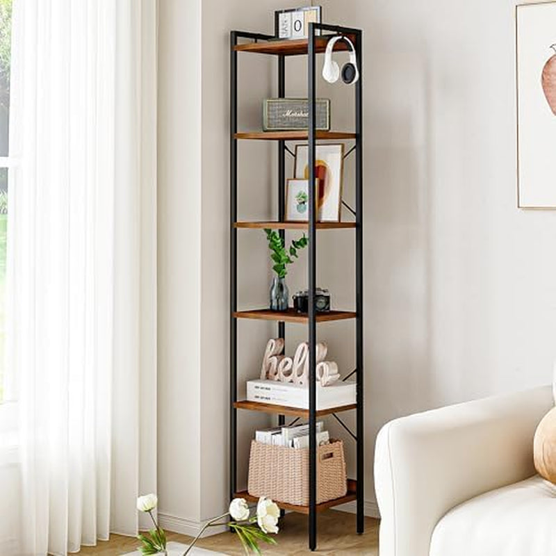 Industrial 5-Tier Bookshelf with Hooks - Greige Corner Storage Organizer for Home Office, Living Room, Bedroom, and Kitchen