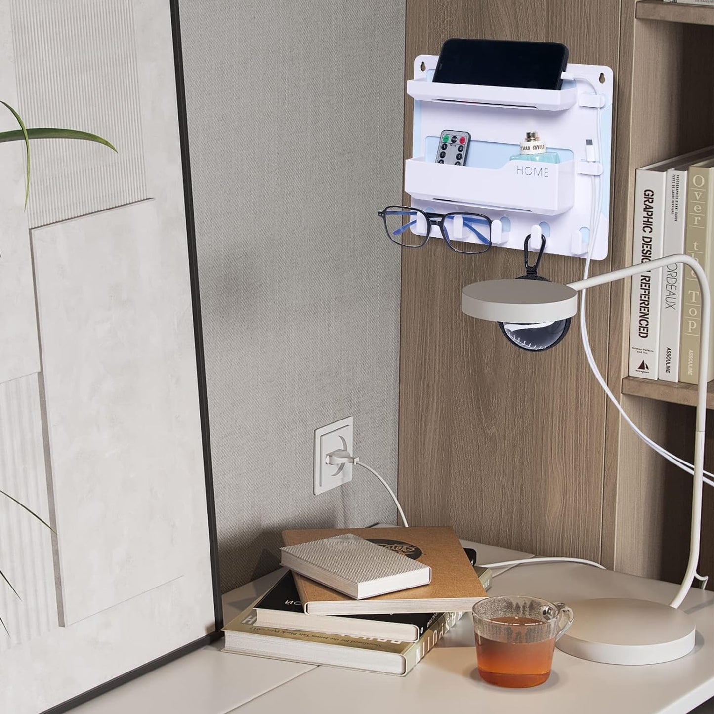 Wall-Mounted Bedside Shelf Organizer with Hooks and Cable Management Clips - White Plastic Storage Solution for Electronics and Accessories