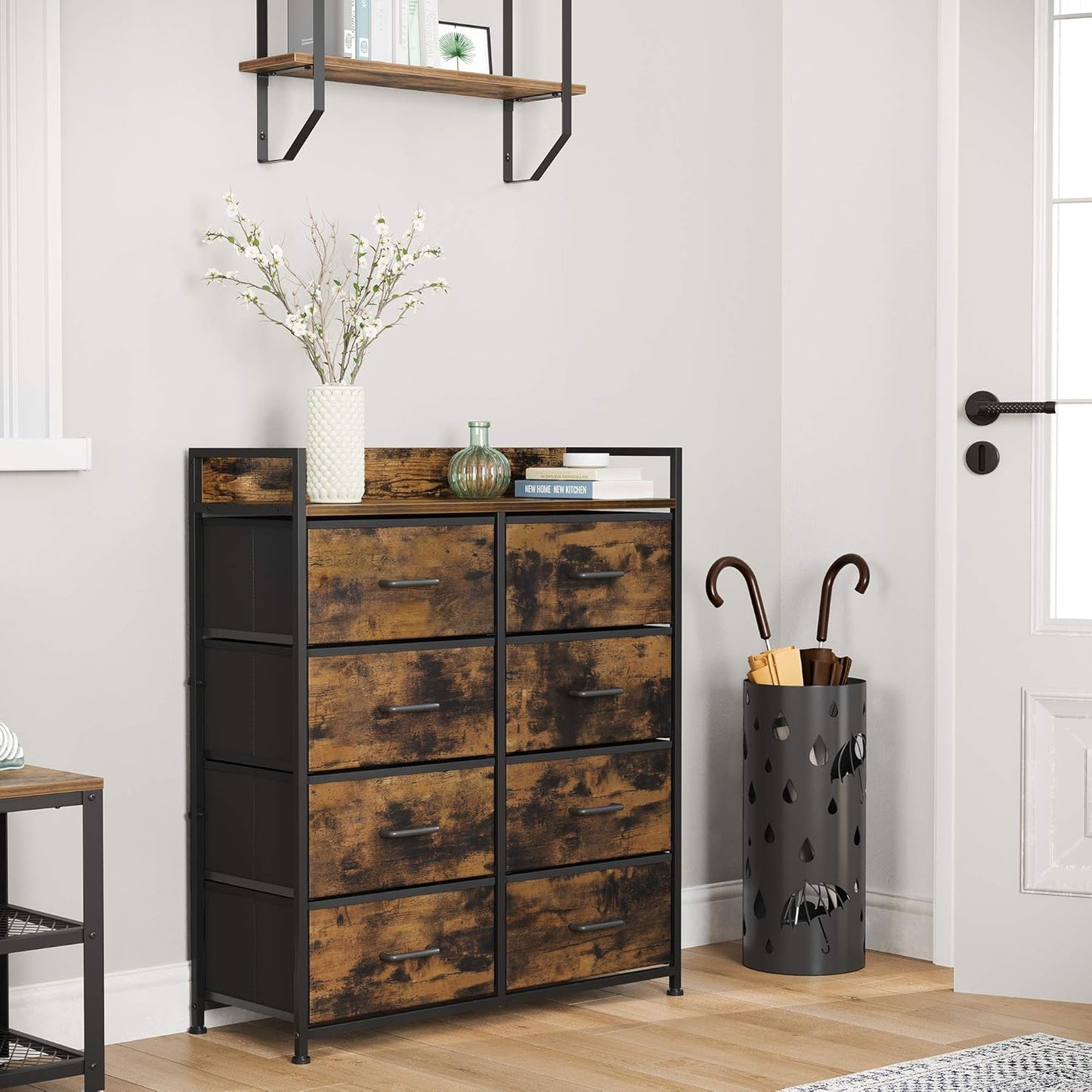 Drawer Dresser, Closet Storage Dresser, Chest of Drawers, 8 Fabric Drawers and Metal Frame with Handles, Rustic Brown and Black
