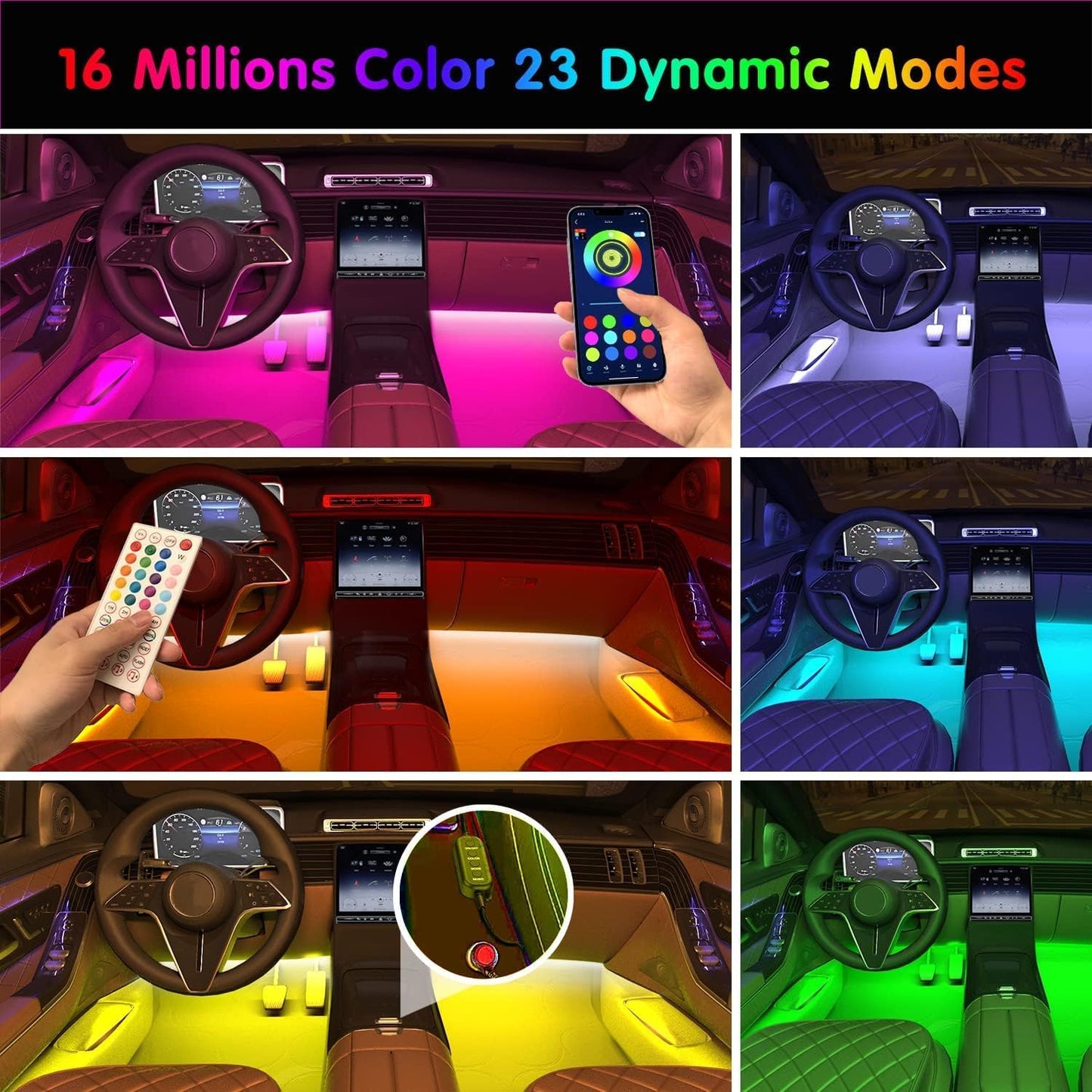 Interior LED Car Lighting System with Remote and App Control, Music Sync, RGB Color Change, and 12V Car Charger
