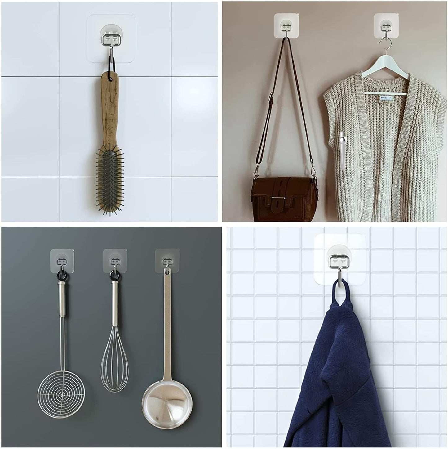Heavy-Duty Large Adhesive Hooks - 10 Pack, 44 lb Max Capacity, Traceless Clear Removable Wall Hooks, Waterproof, Rustproof
