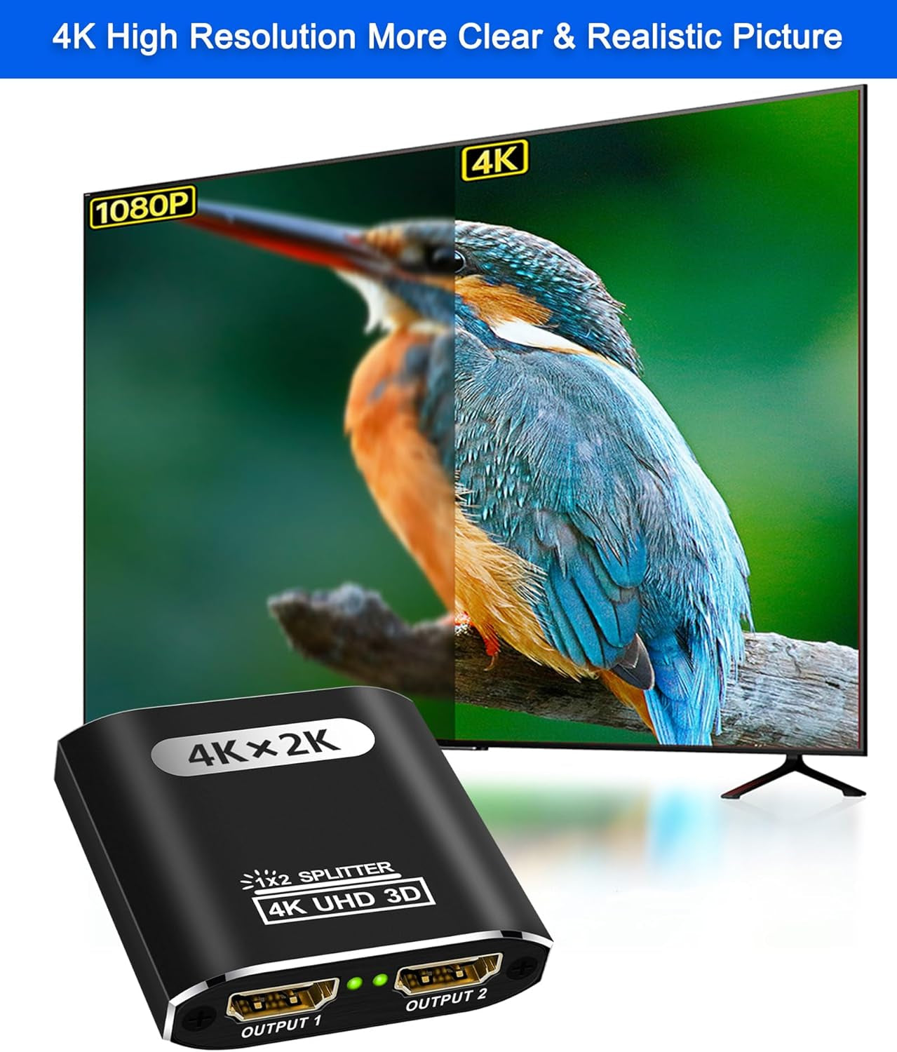 4K HDMI Splitter 1x2 for Dual Monitors, Aluminum Design, Supports 3D and Full HD 1080P, Compatible with PS4, Fire Stick, and HDTV