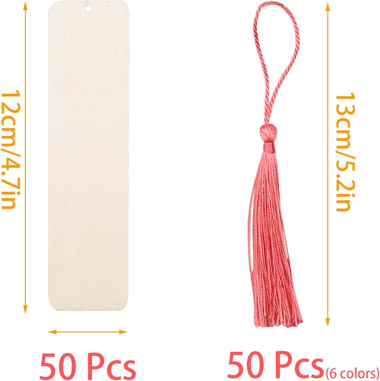100-Piece Set of Unfinished Wooden Bookmarks with Holes and Colorful Tassels for DIY Crafts, Weddings, and Birthdays