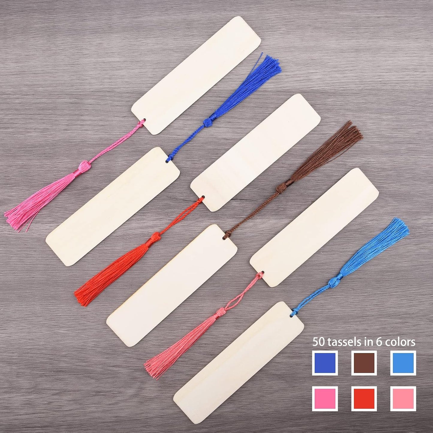 100-Piece Set of Unfinished Wooden Bookmarks with Holes and Colorful Tassels for DIY Crafts, Weddings, and Birthdays