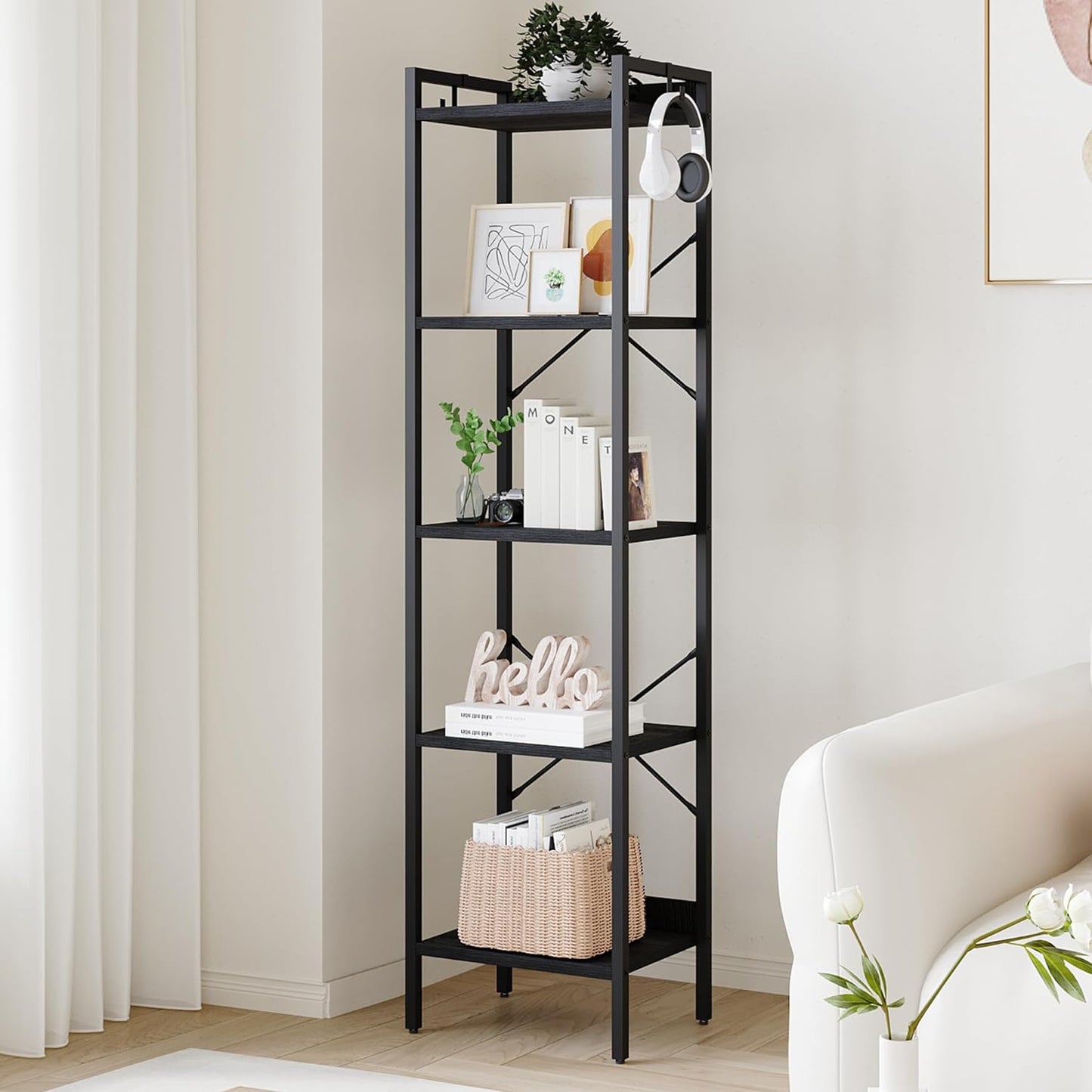 Industrial 5-Tier Bookshelf with Hooks - Greige Corner Storage Organizer for Home Office, Living Room, Bedroom, and Kitchen