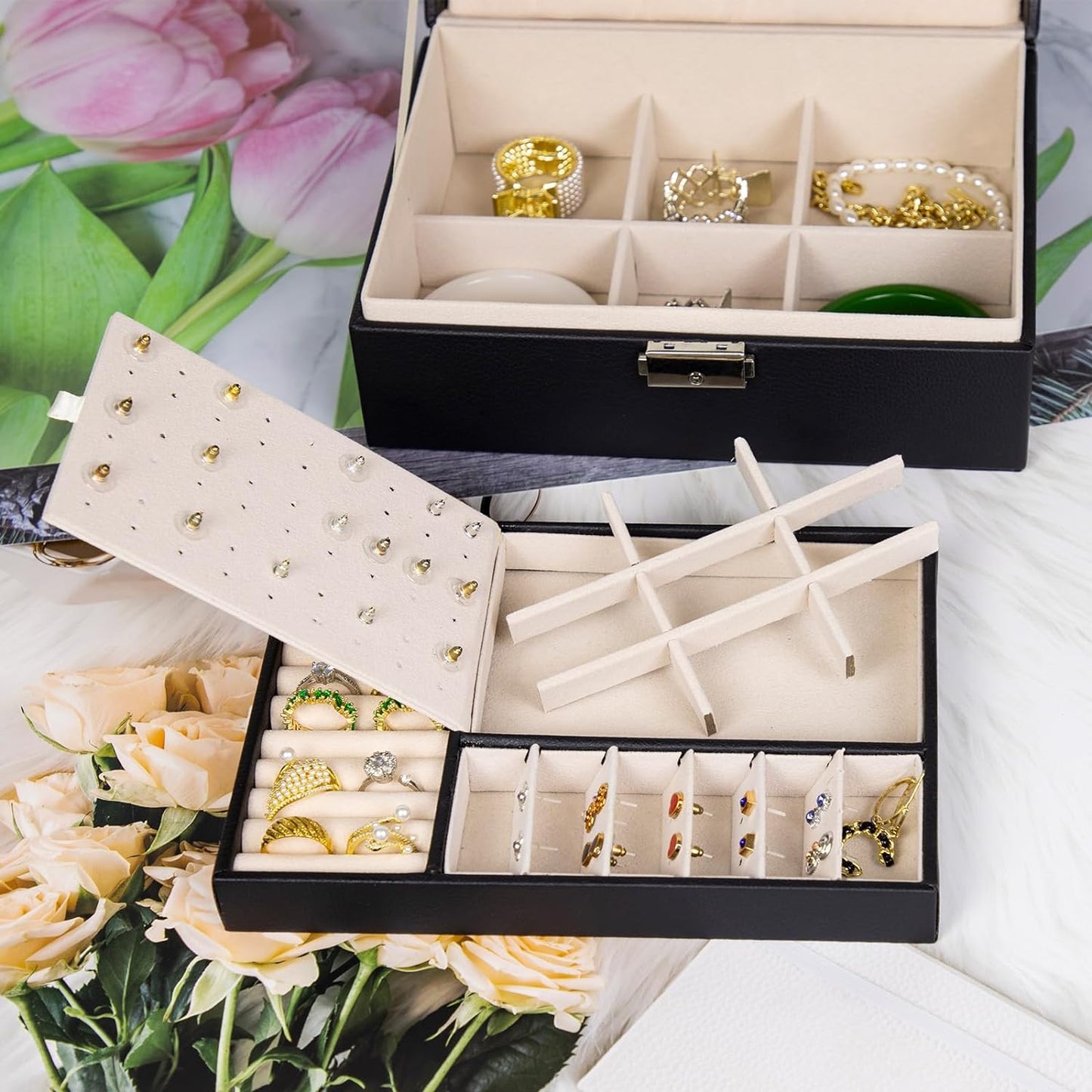 Elegant 2-Layer Jewelry Organizer Box in Black PU Leather with Soft Lining and Lock for Rings, Earrings, Necklaces, Bracelets