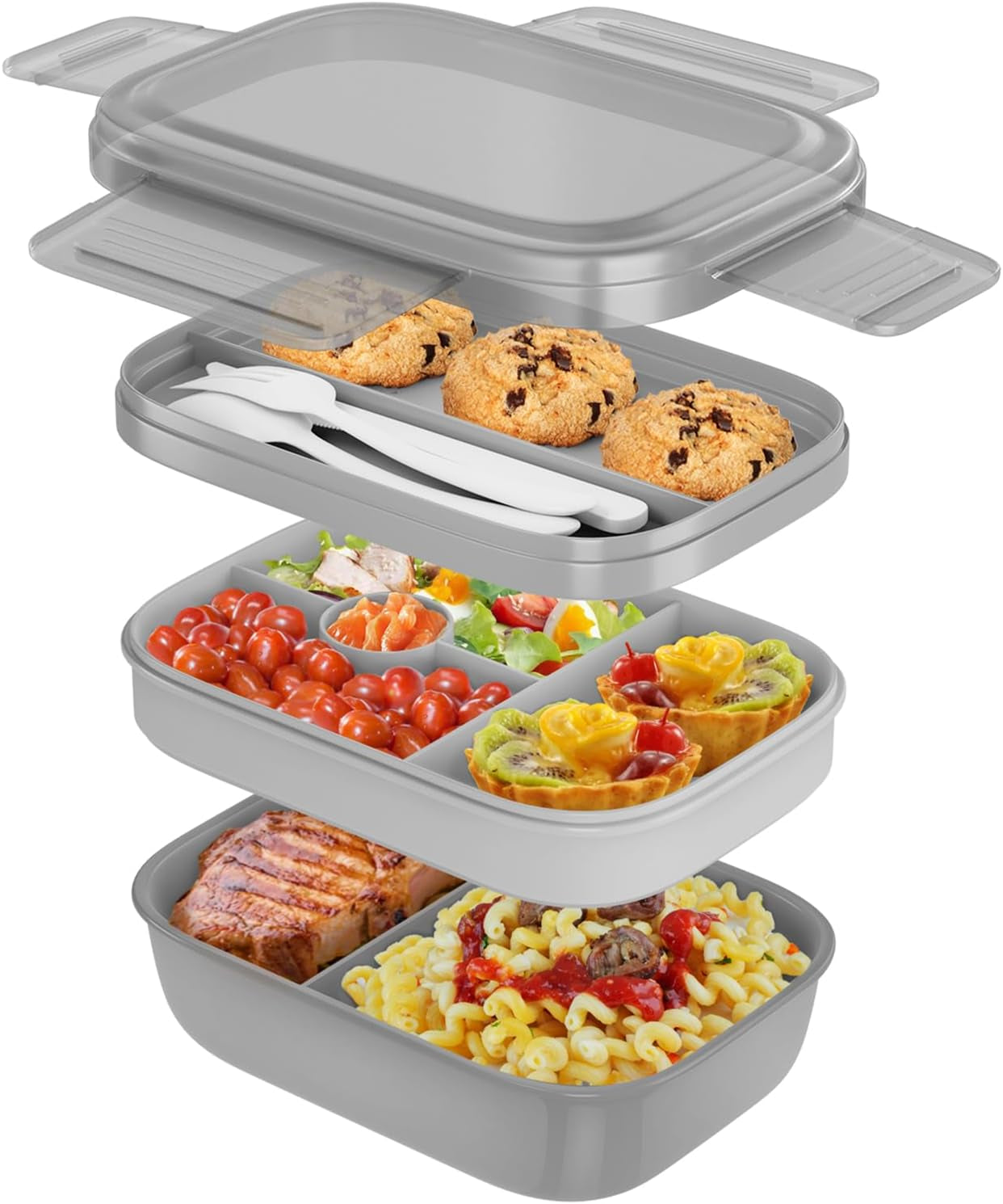 Stackable 3-Layer Bento Box Lunch Container for Adults and Kids, 1.9L Food Storage with Cutlery, 8.5" x 5.7" x 3.9" (Grey)
