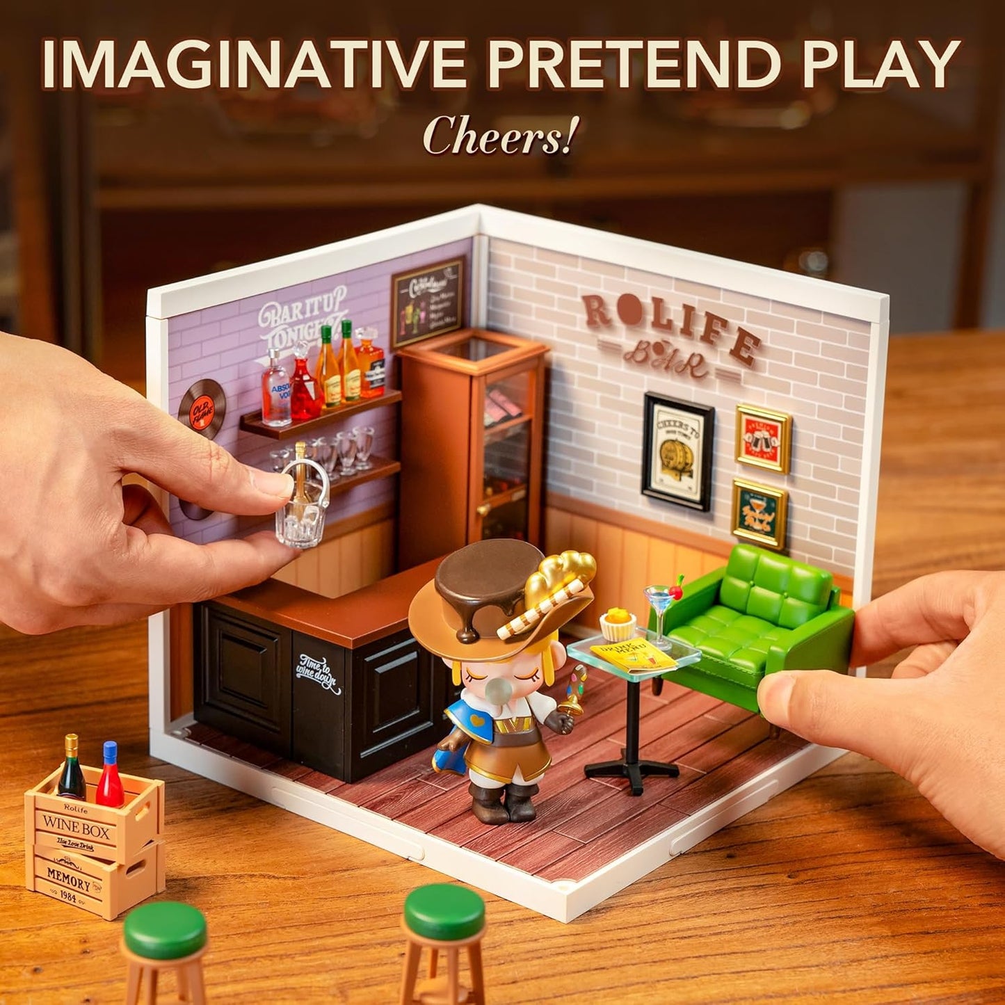 Miniature House Kit DIY Plastic House Building Toy Set with LED Tiny Store Making Kit Model Craft Hobby Unique Gift (Leisurely Cheers Bar)