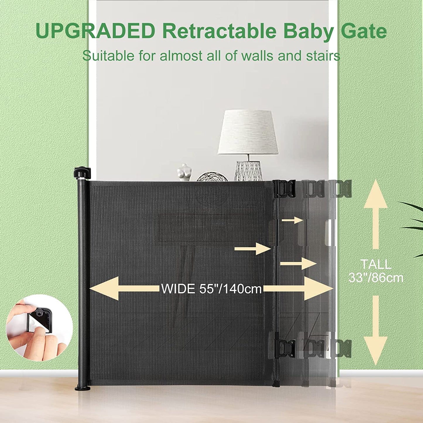 Retractable Extra Wide Baby Gate - 33” Tall, Extends to 55” Wide, Mesh Safety Gate, Kids and Pets, Suitable for Stairs, Indoor/Outdoor (33”X55” - Black)
