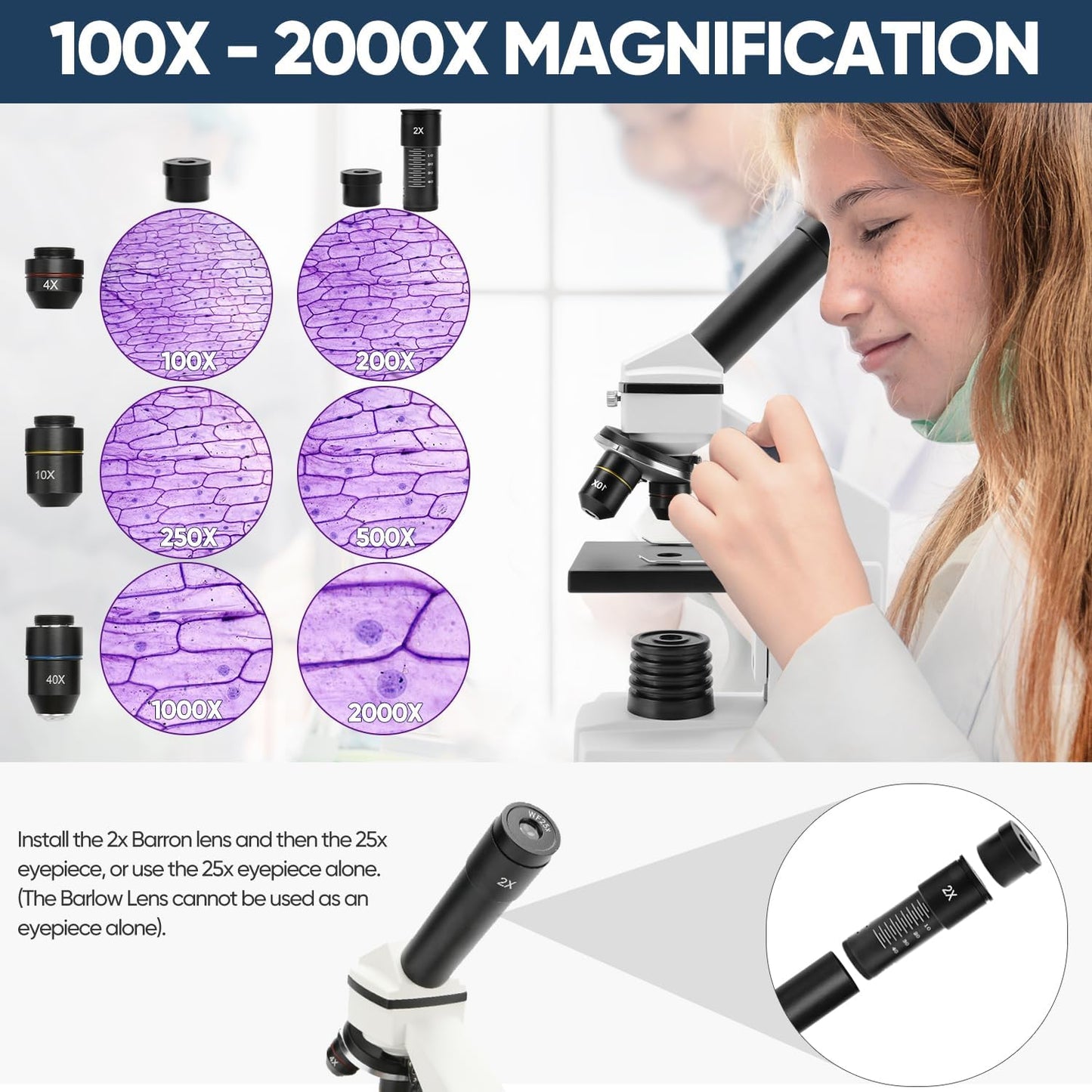 2000X Compound Microscope Kit for Adults and Children - Complete Biological Microscope Set with Slides for Educational Use