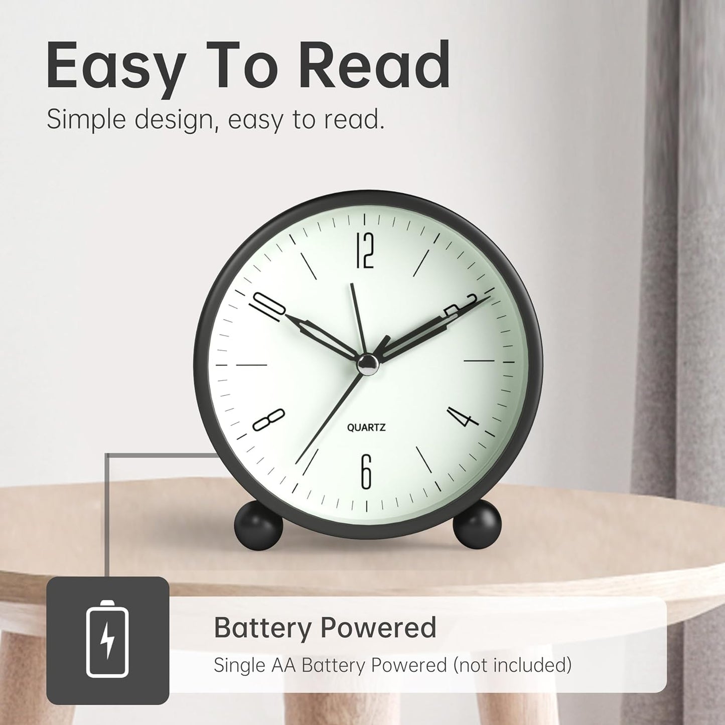 Analog Alarm Clock - 4 Inch Silent Non-Ticking Design with Night Light, Battery Operated, Classic Black Decor for Bedroom, Desk, and Gifting