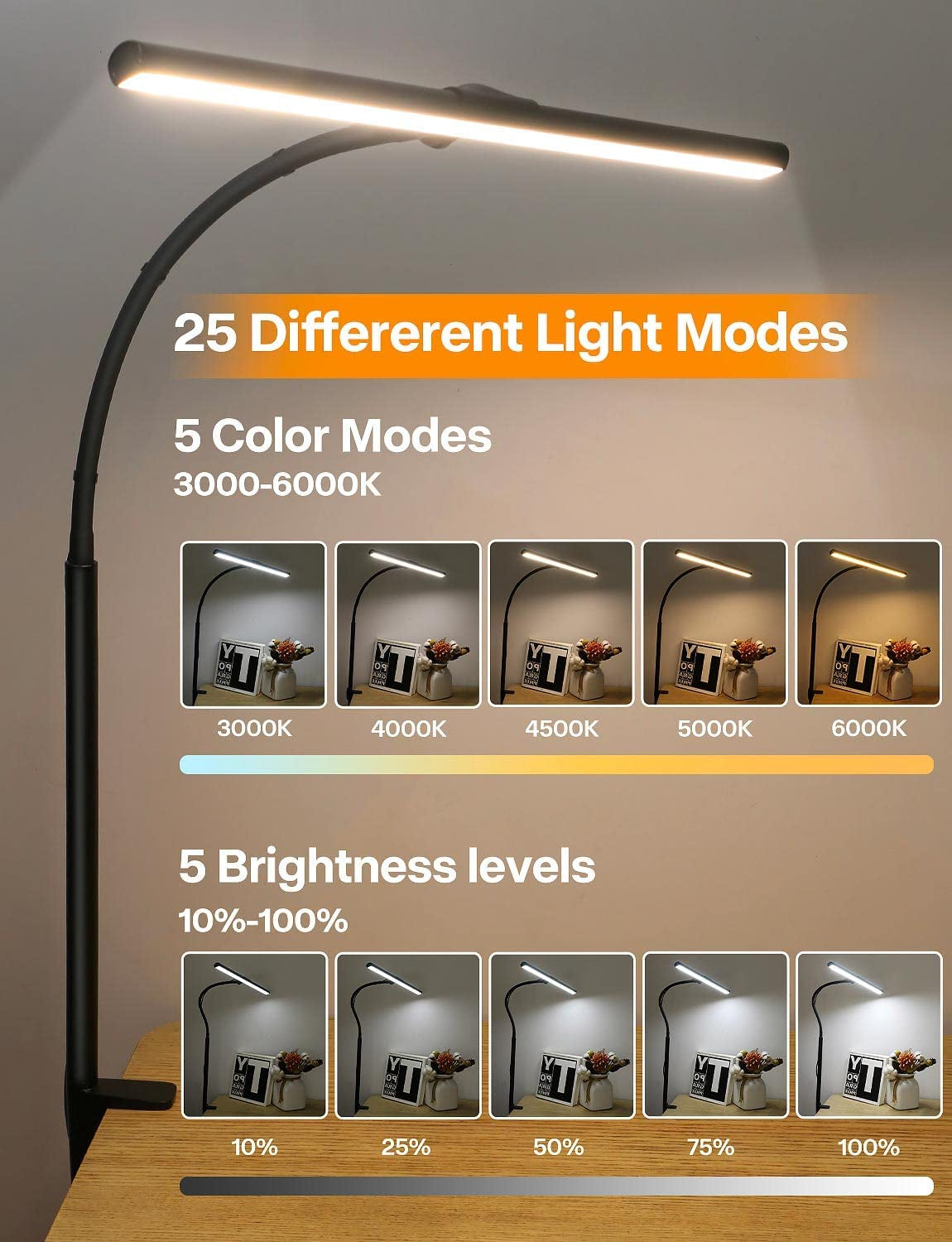 Adjustable LED Desk Lamp with 25 Lighting Modes - Eye-Caring Architect Task Lamp with Flexible Gooseneck Clamp (Black)