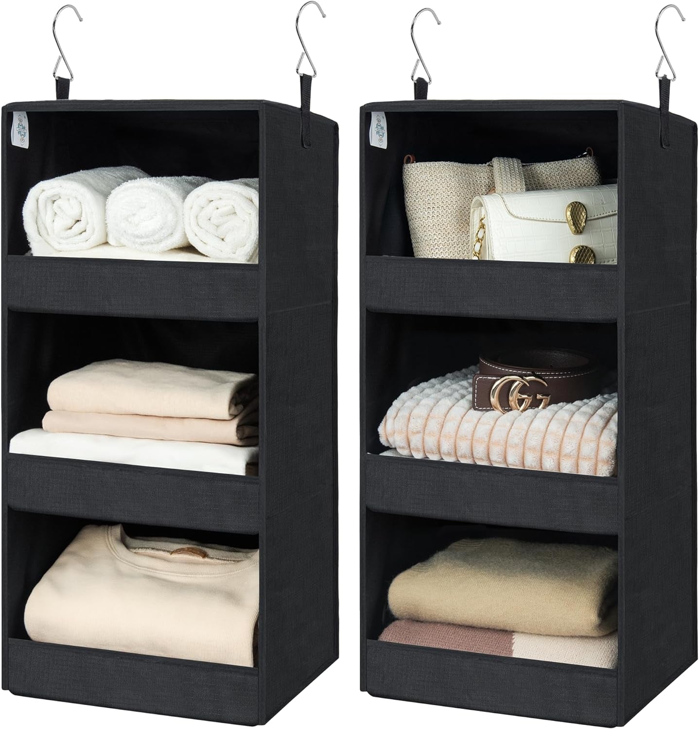 Set of 2 Portable Black 3-Shelf Hanging Closet Organizers for Efficient Storage Solutions