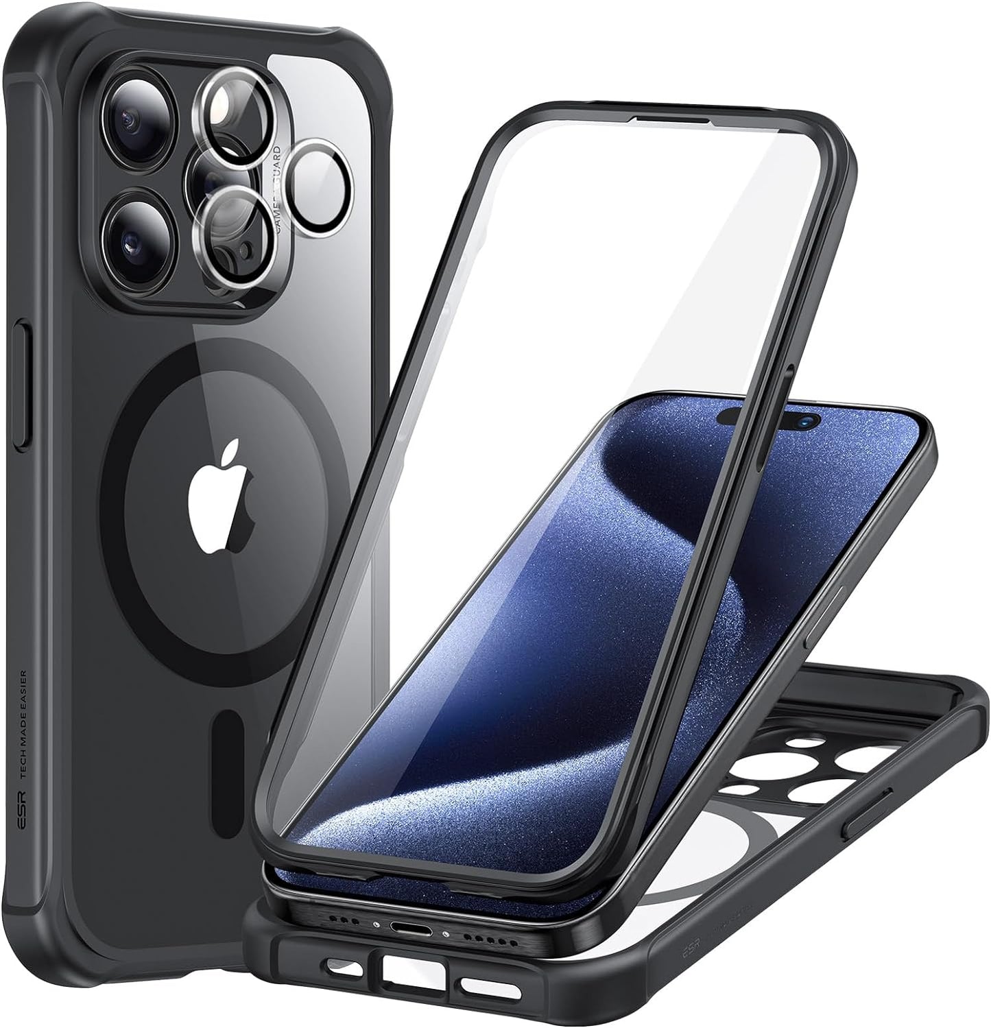 iPhone 15 Pro Max Armor Series Case: Full-Body Shockproof MagSafe Protection with Built-In Stash Stand and Individual Lens Protectors - Black