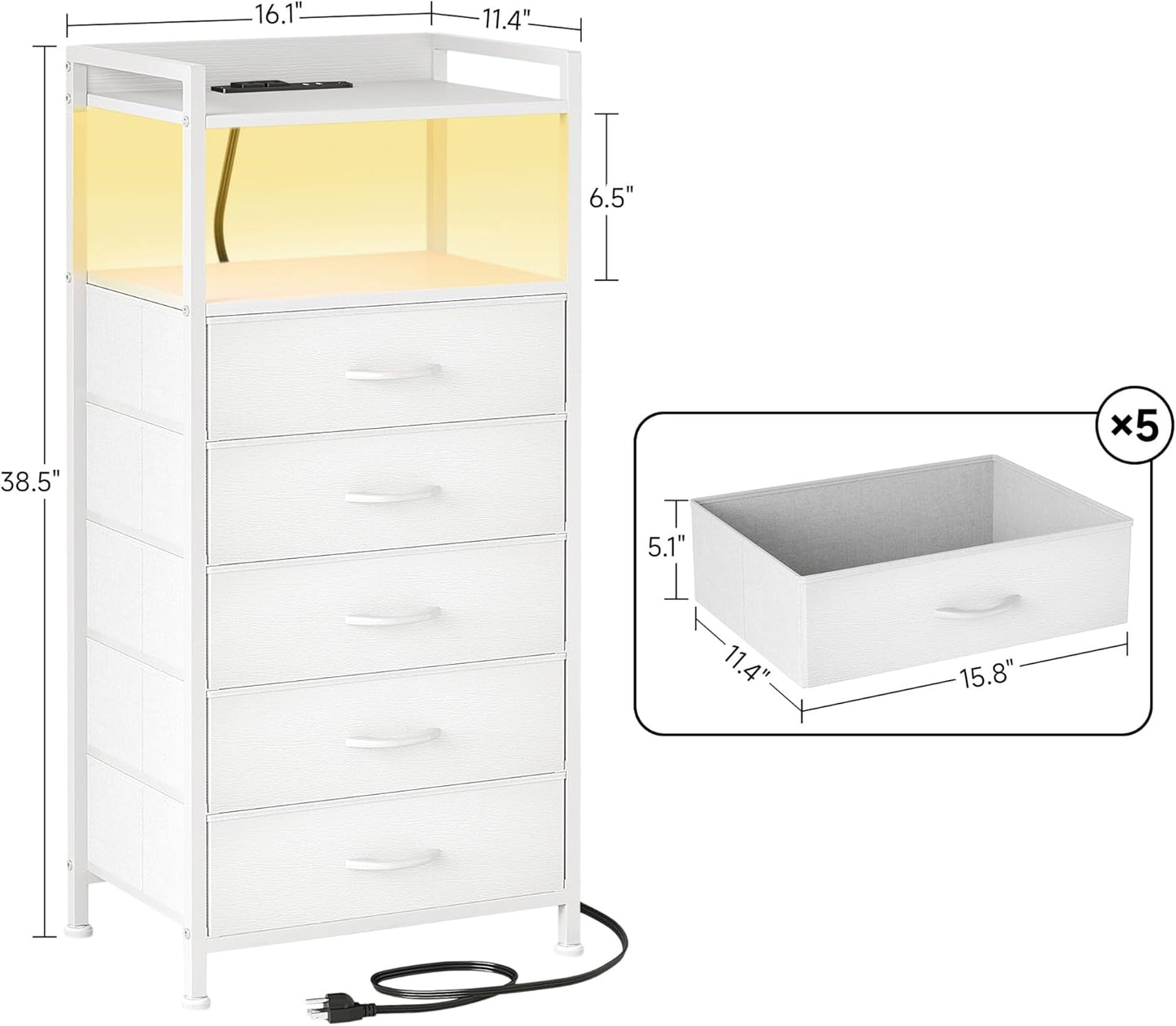 Elegant White Nightstands - 5 Storage Drawers, Tall Bedroom Dresser, LED Light Charging Station, Shelf Side Table, Metal Frame