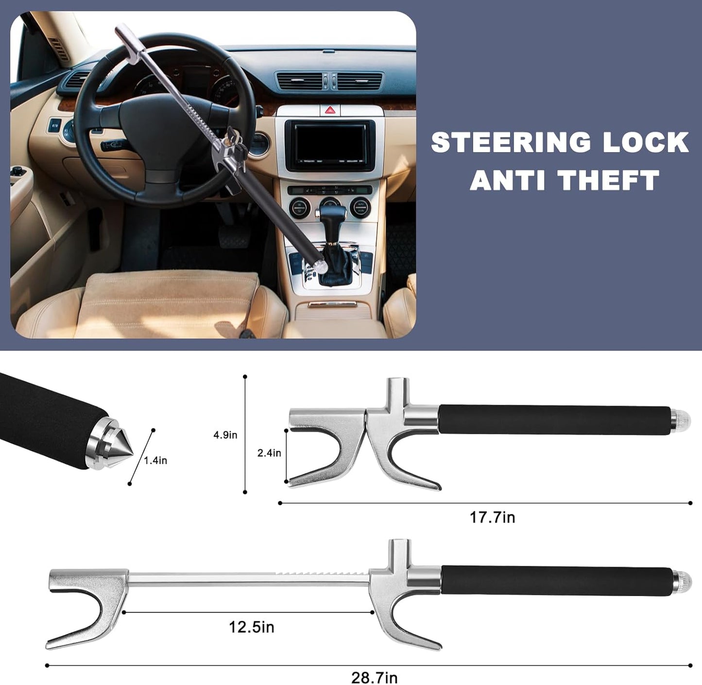 Adjustable Steering Wheel Lock with Anti-Theft Features and 3 Keys - Cars, Vans, and SUVs (Black)