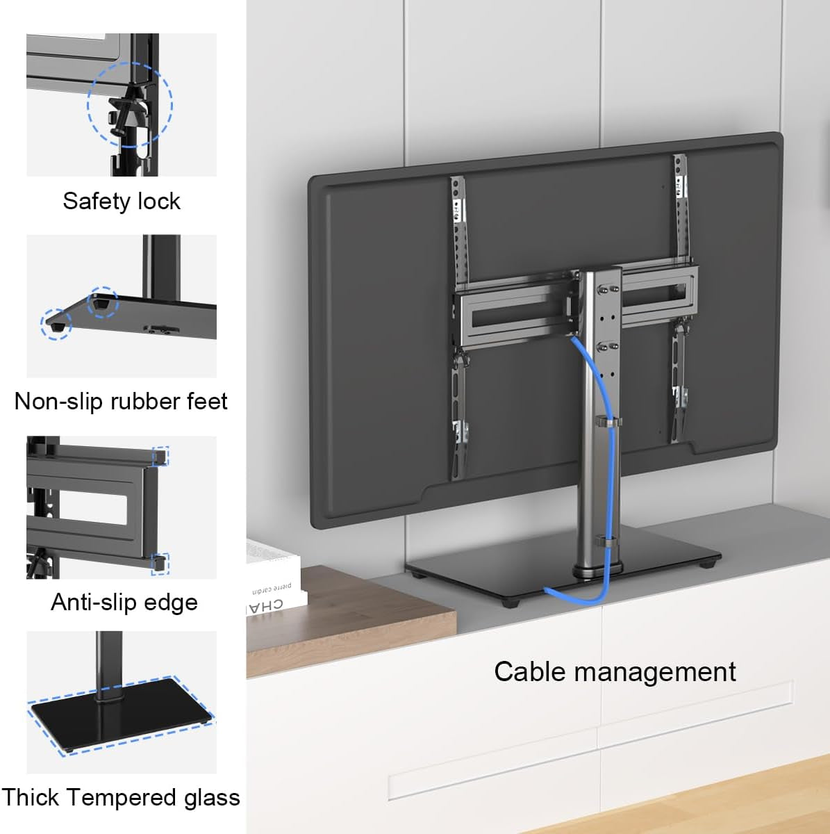 Universal Height Adjustable Swivel TV Stand for 26-55 Inch TV Screens, Glass Base, Supports Up to 99 lbs, Max VESA 400x400 mm