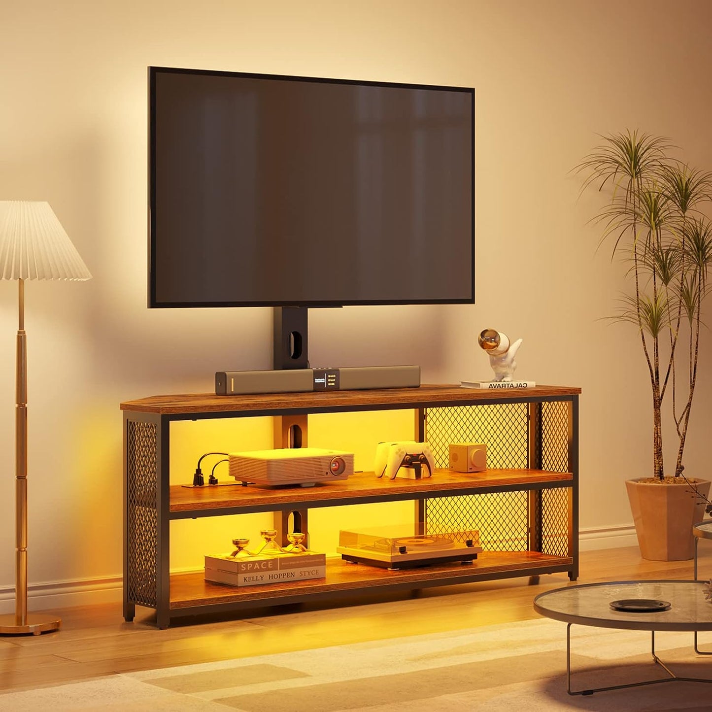 Rustic Brown TV Stand - Adjustable Mount and Power Outlet for 45-70 Inch TVs, Swivel Function and LED Lighting