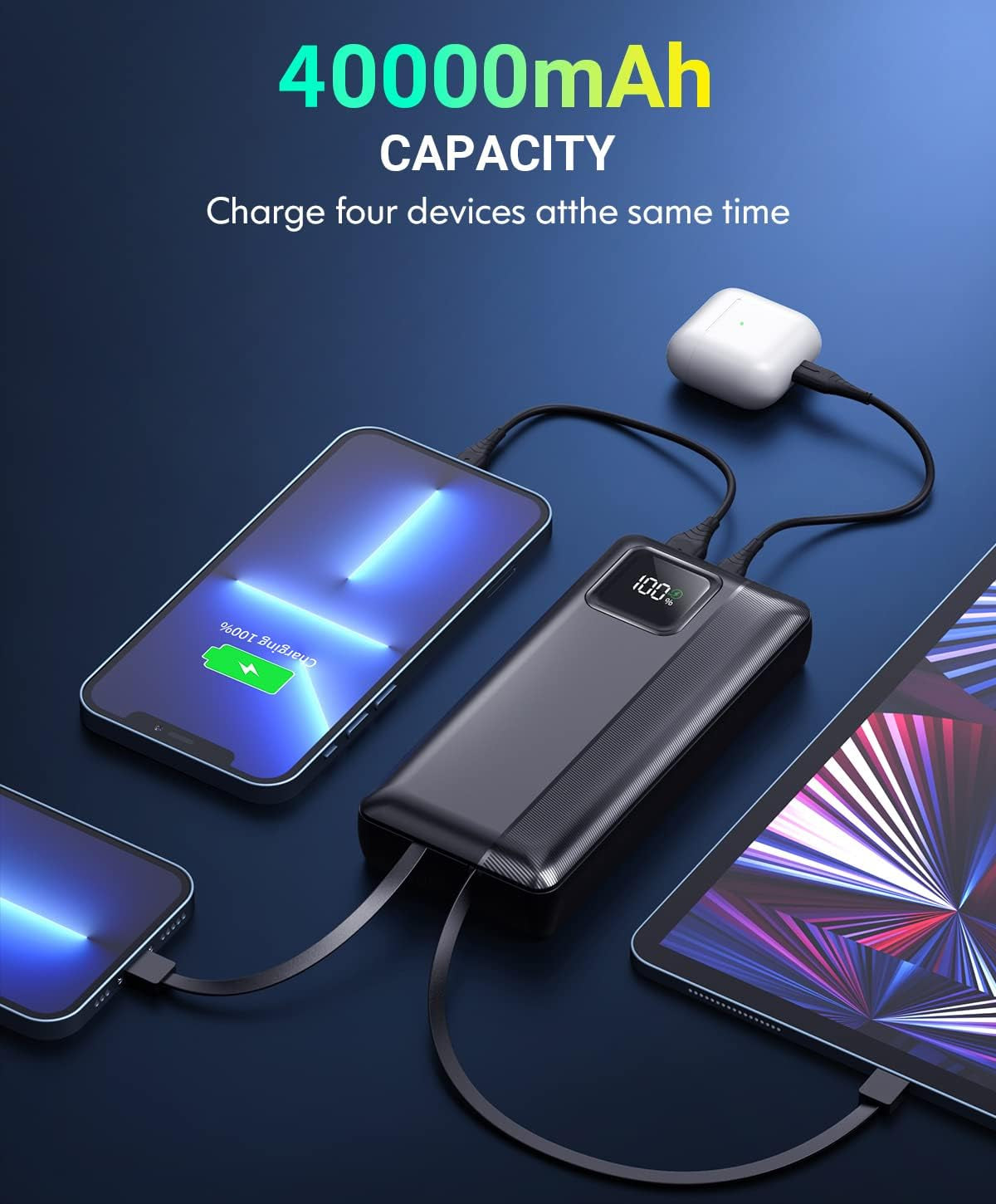 High-Capacity 40000mAh Portable Power Bank - PD 30W and QC4.0 Fast Charging, Built-in Dual Output Cables, LED Display