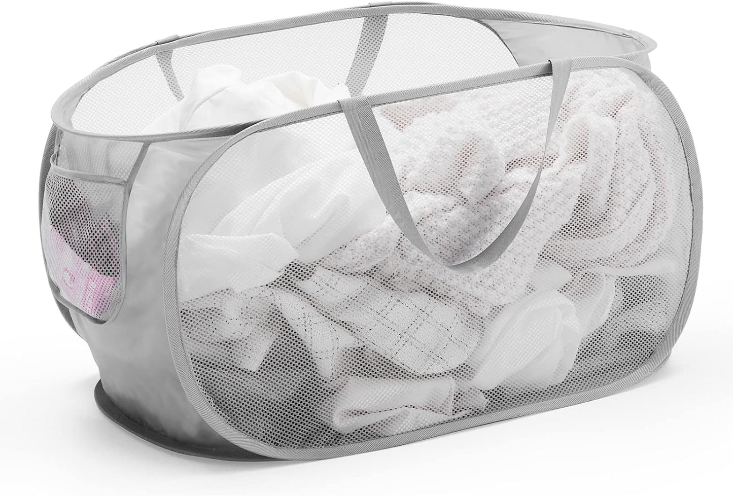 Collapsible Mesh Laundry Basket with Durable Handles and Pockets - Portable and Foldable Clothes Hamper