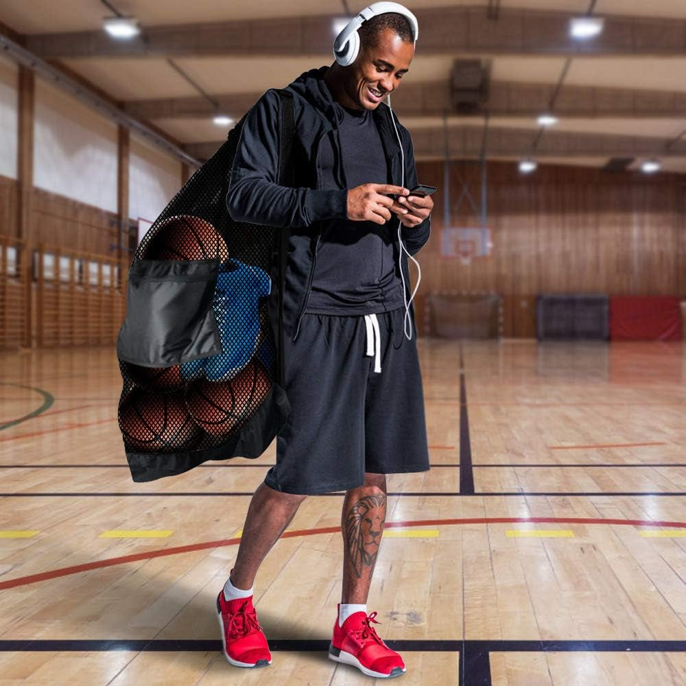 Extra Large Heavy-Duty Mesh Sports Ball Bag with Drawstring and Shoulder Strap for Basketball, Volleyball, Baseball, and Swimming Gear