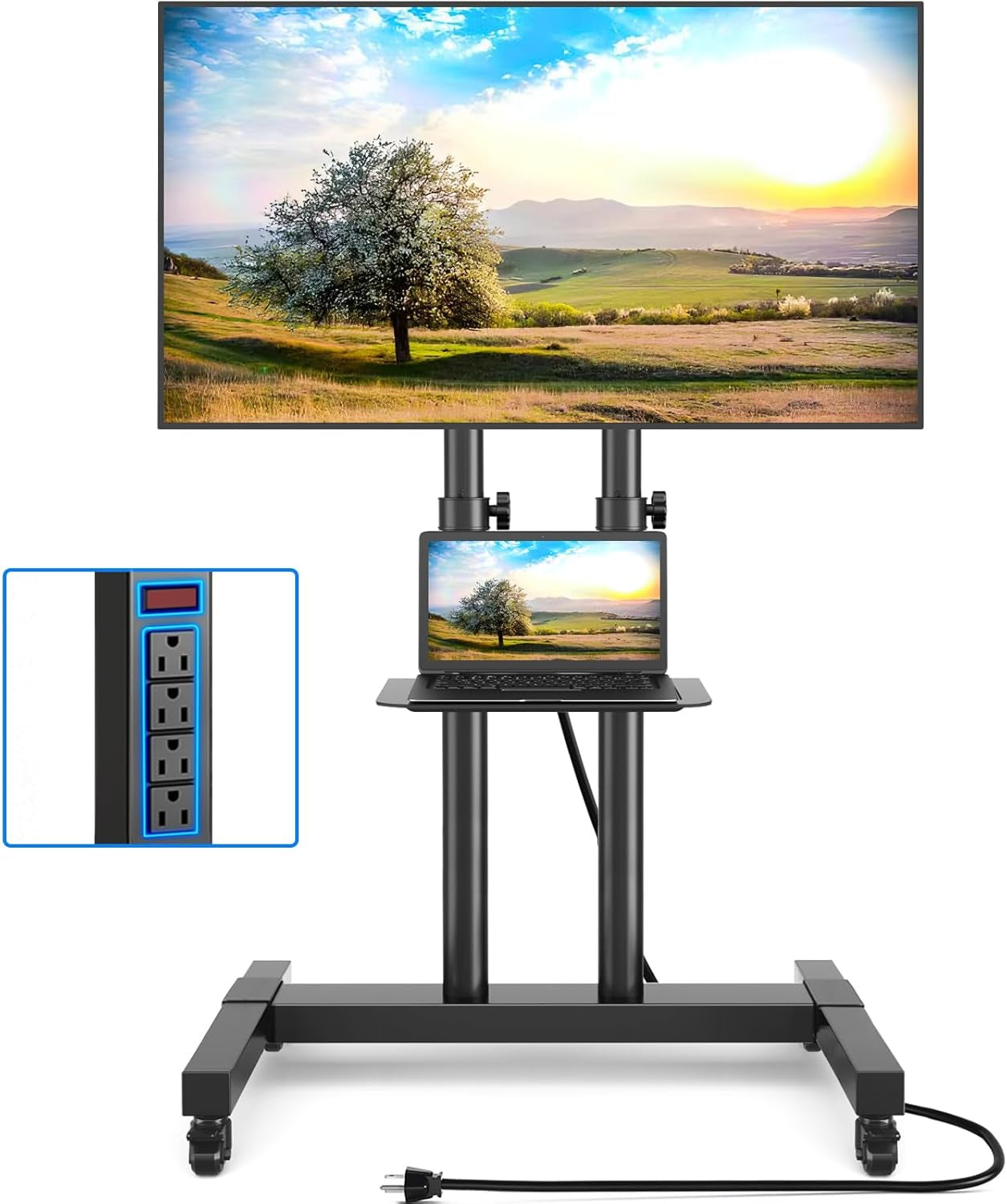 Enhanced Mobile TV Cart with Power Outlet, Durable Rolling Stand for 32-85 Inch TVs up to 132 lbs, Height Adjustable Portable Floor Stand
