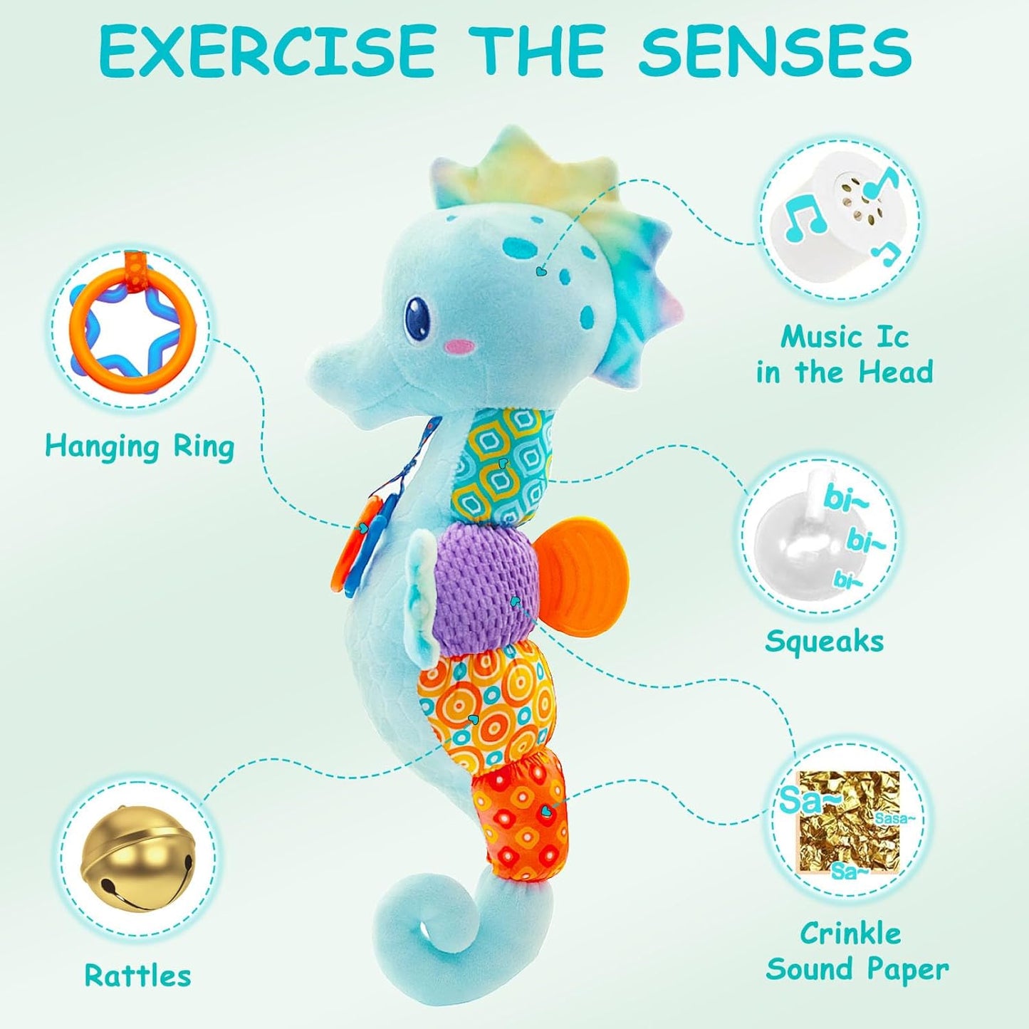 Infant Musical Stuffed Animal Toy - Soft Multi-Textured Rattle - Crinkle Sound, Babies 0-12 Months (Blue)