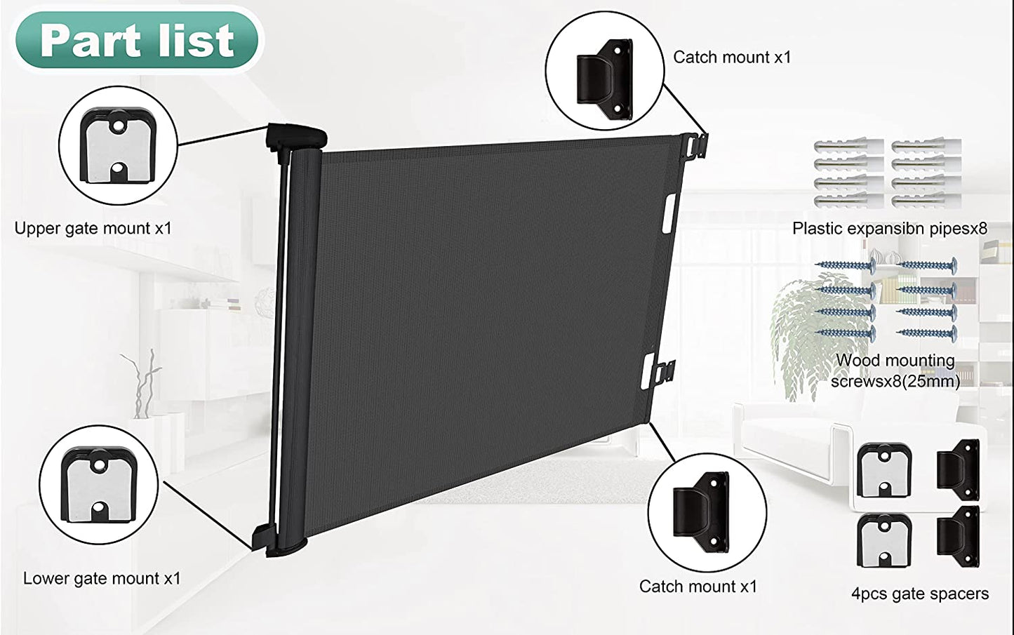 Retractable Safety Mesh Baby and Dog Gate - 33" Tall, Extends up to 55" Wide for Stairs, Doorways, Hallways, and Banisters (Black)