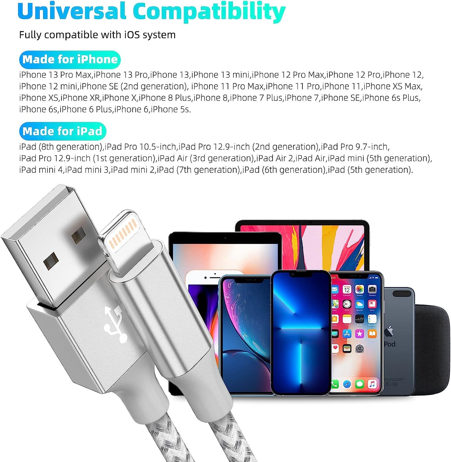 Apple MFi Certified 3-Pack 10FT Lightning Cable - Fast Charging, High-Speed Data Sync USB Cable Compatible with iPhone(Grey/White)