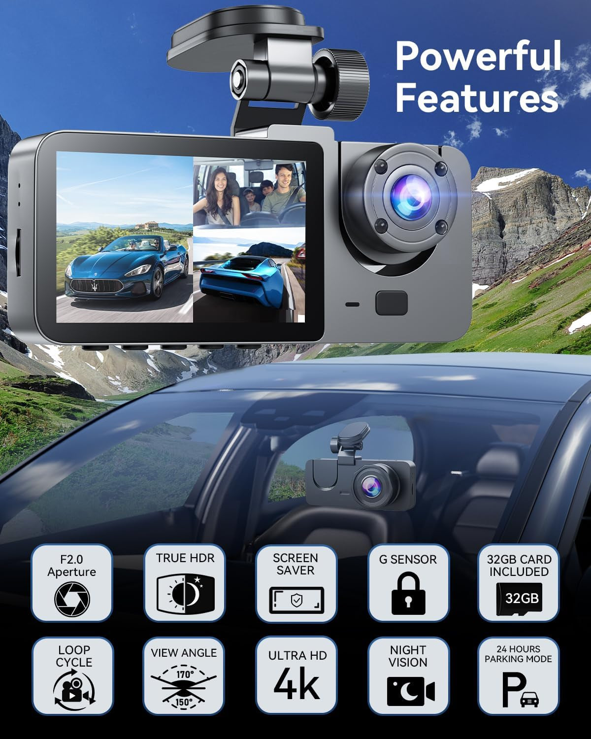4K Full HD 3-Channel Dash Camera - Front and Rear View, Includes Free 32GB Card, Night Vision, G-Sensor, 24-Hr Park Mode, 170° Wide Angle, and Loop Recording