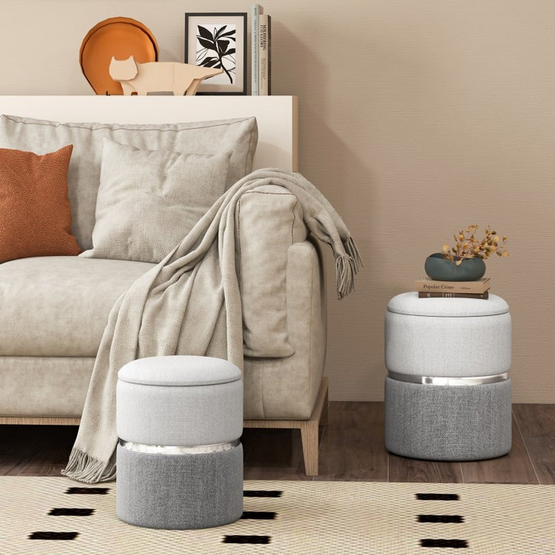 Set of 2 Velvet and Linen Fabric Storage Ottomans