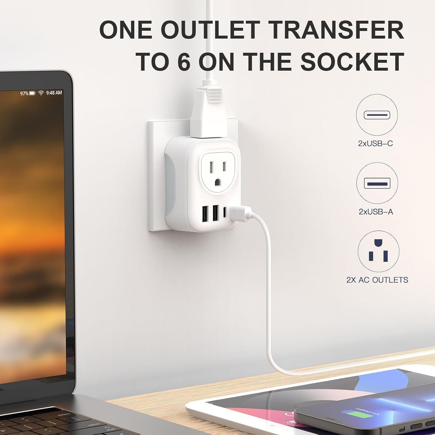 European Travel Plug Adapter Set - 2 Pack International Adapter with Dual Outlets and 4 USB Ports (2 USB-C) - 6-in-1 Type C Charger for US to Europe (Italy, Spain, France)