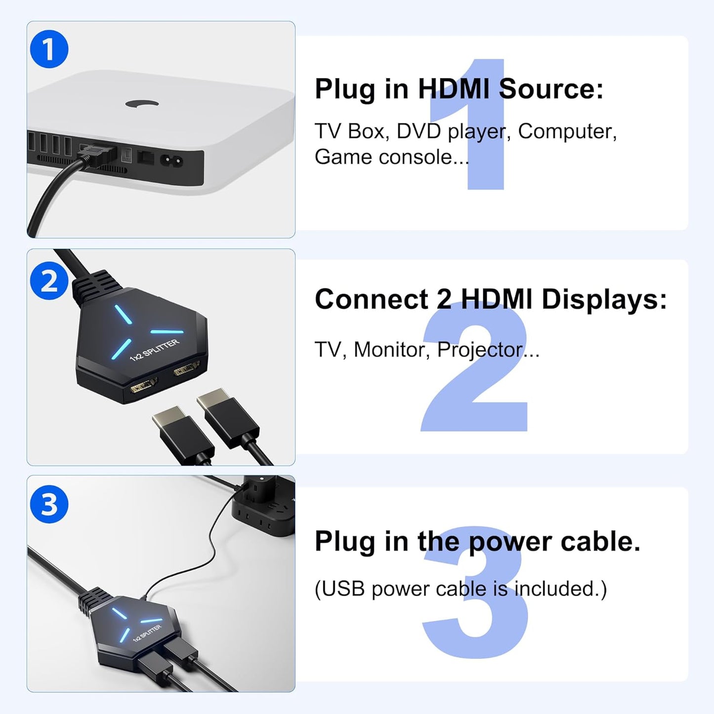 HDMI Splitter 1x2 for Dual Monitor Duplication, Supports Full HD 4K@30Hz and 1080P, Compatible with Xbox, PS4, PS5, TV, Projector, and Computer