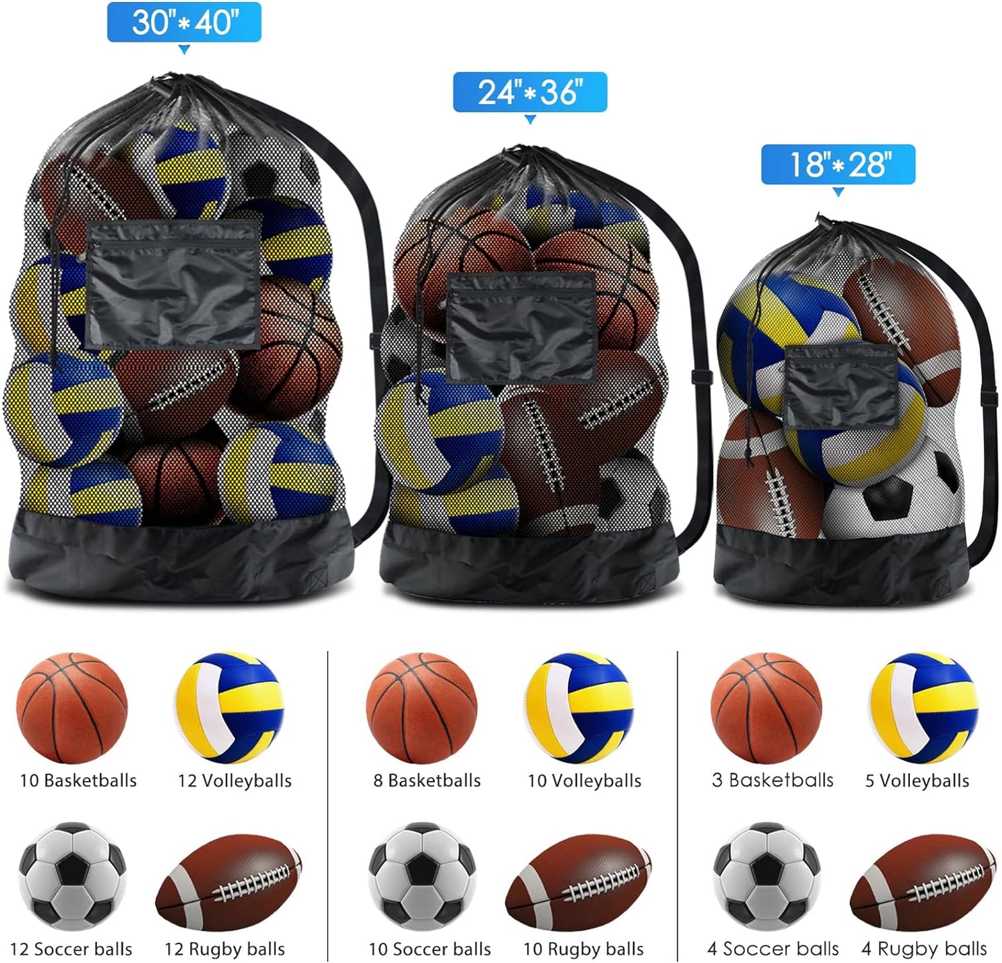Extra Large Heavy-Duty Mesh Sports Ball Bag with Drawstring and Shoulder Strap for Basketball, Volleyball, Baseball, and Swimming Gear