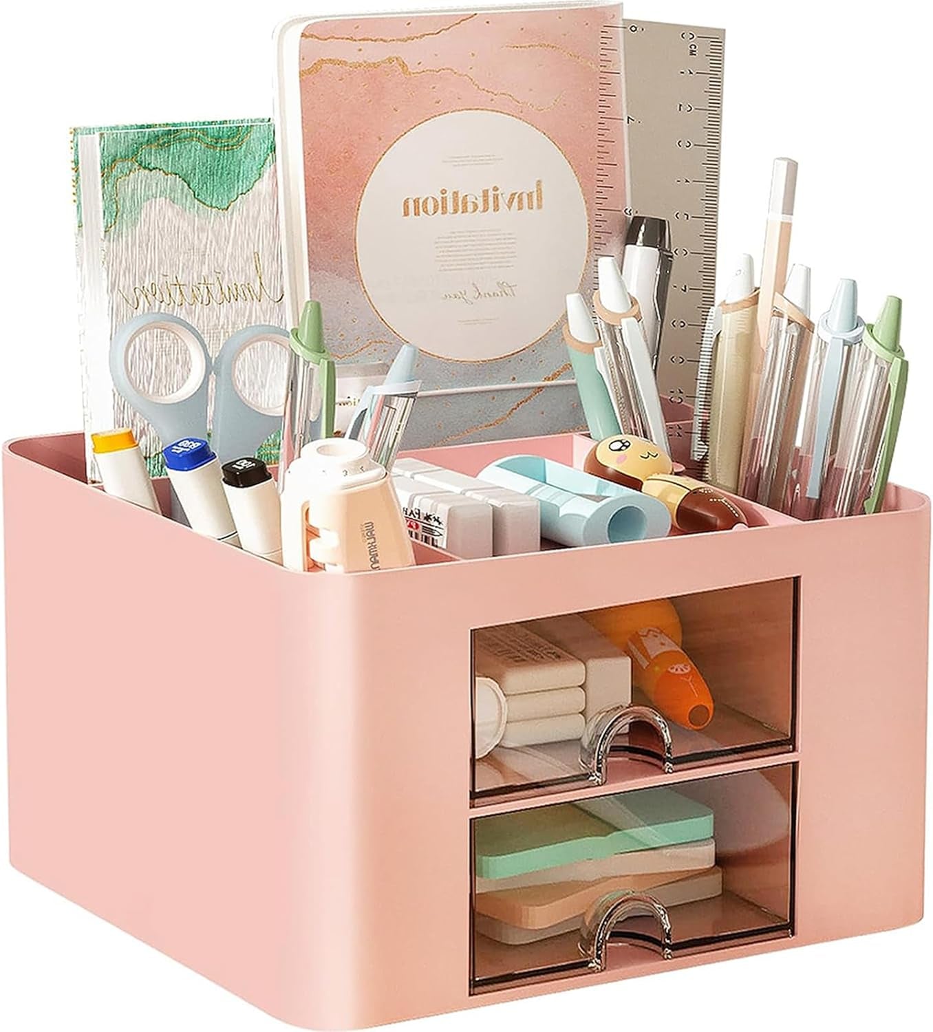 4-Section Drawer Organizer with Dual Pen Holders for Desktop Storage - Versatile Plastic Makeup and Desk Organizer for Home, School, and Office Supplies (White)