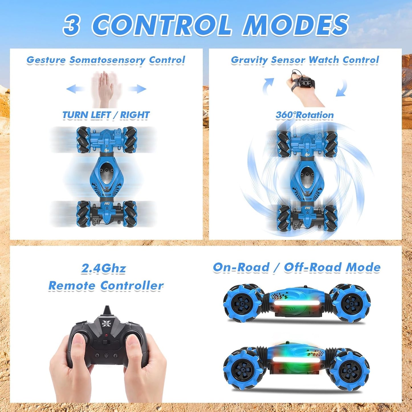 360° Rotate All-Round Drift Gesture Sensing RC Stunt Car 4WD Off-Road 2.4Ghz with Lights Music Ages 6+