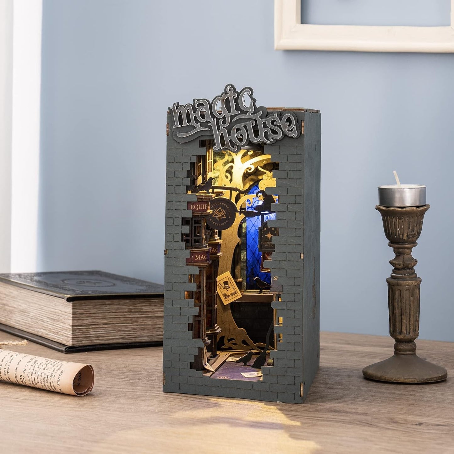 Book Nook 3D Wooden Puzzle, DIY Bookshelf Insert Decor Building Set Model Kit with LED Light for Adults Kids- Magic House