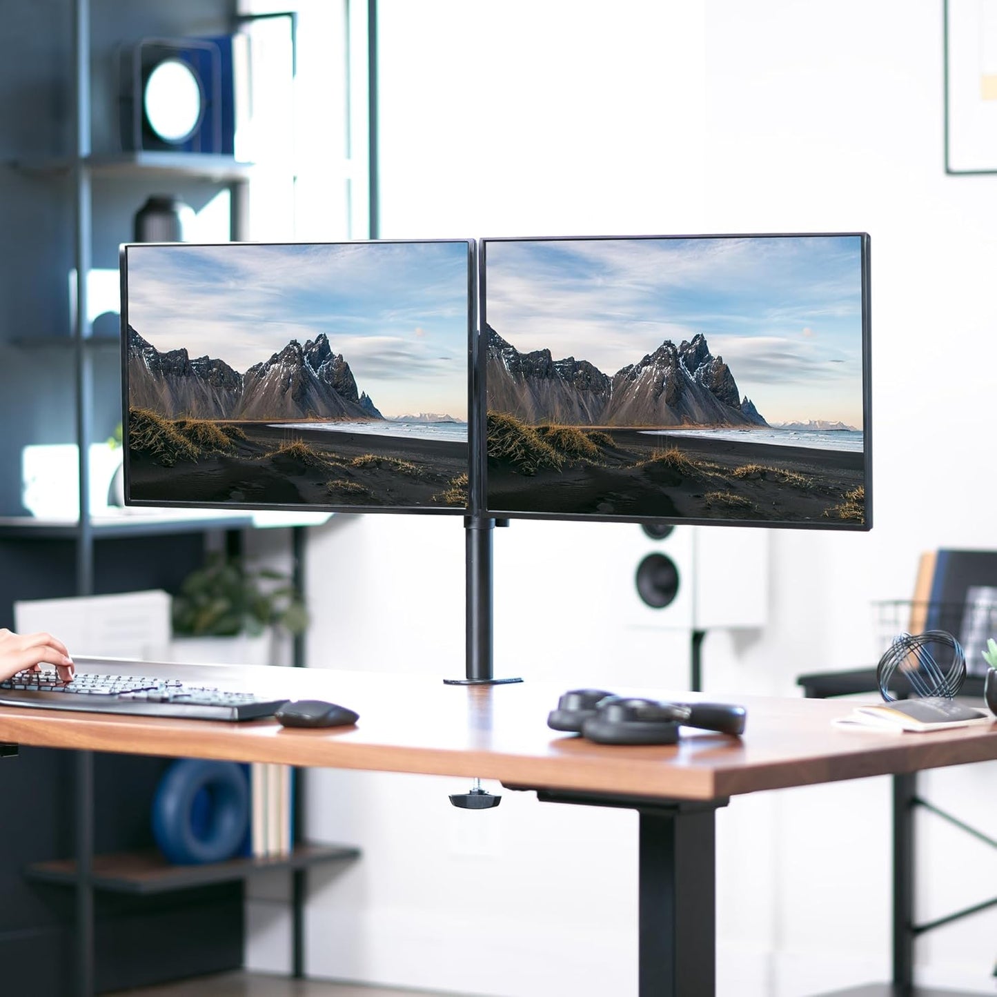 Dual Monitor Desk Mount, Heavy Duty Fully Adjustable Stand, Fits 2 LCD LED Screens up to 30 Inches, Black, STAND-V002