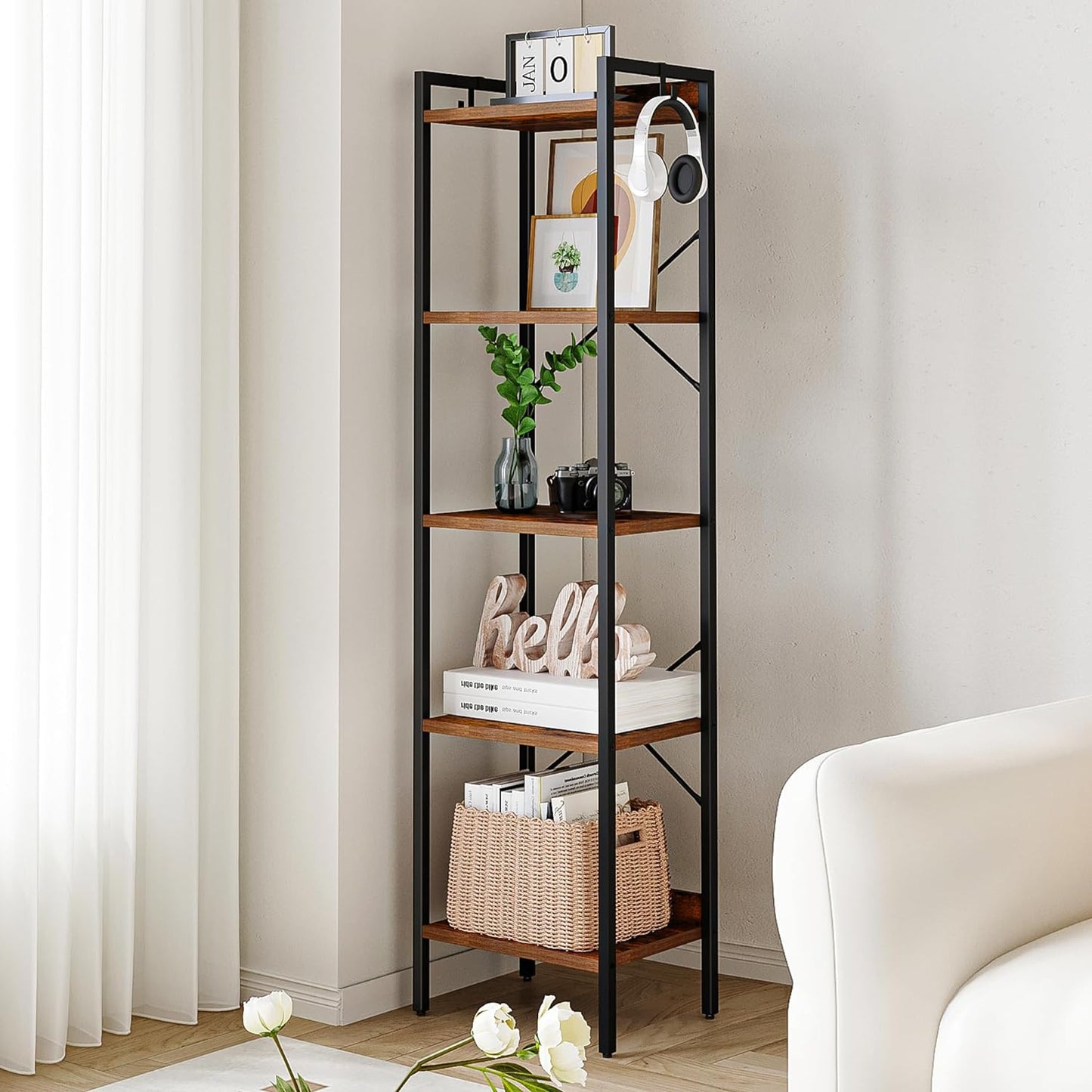 Industrial 5-Tier Bookshelf with Hooks - Greige Corner Storage Organizer for Home Office, Living Room, Bedroom, and Kitchen