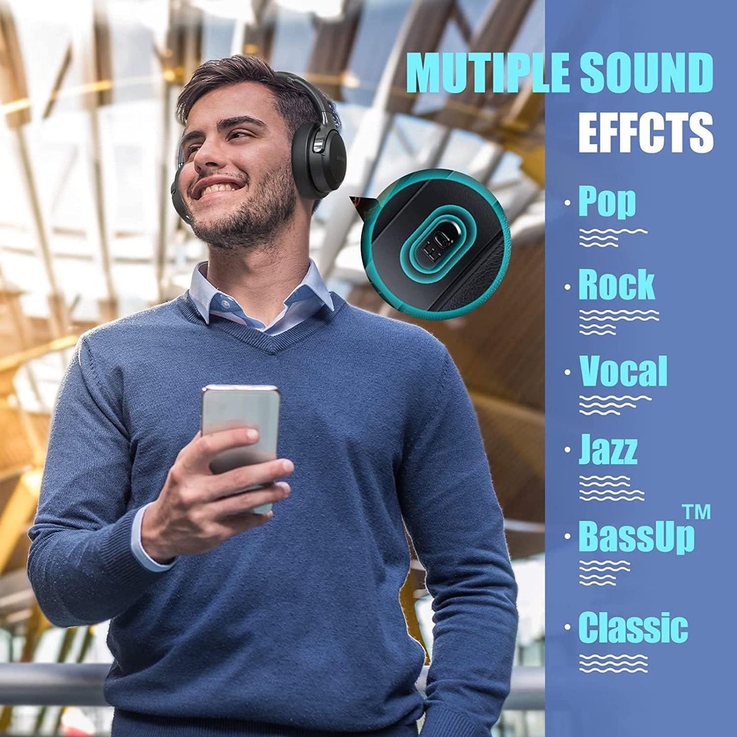 Over-Ear Bluetooth Headphones with 65 Hours Playtime, 6 EQ Modes, Immersive Bass, Hi-Fi Stereo, Foldable Design, and Built-In HD Microphone for Mobile and PC Use