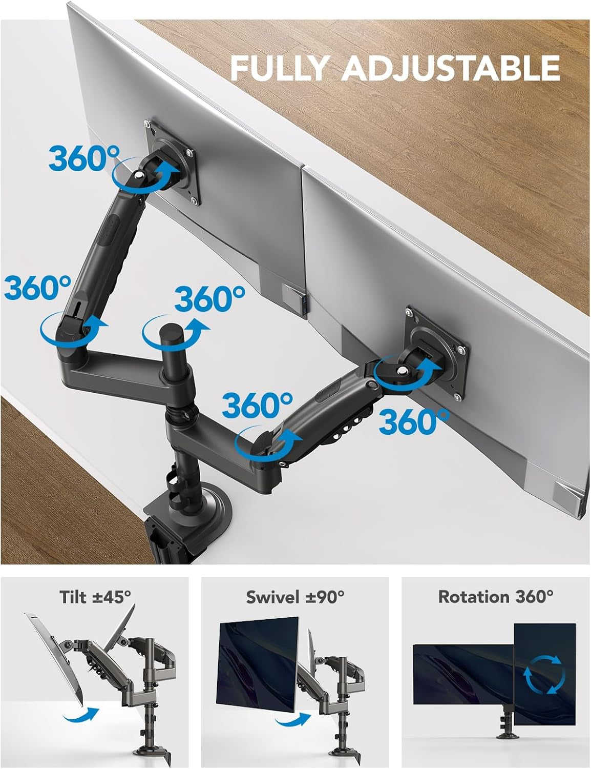 Dual Monitor Stand - Height Adjustable Gas Spring Double Arm Monitor Mount Desk Stand Fit Two 13 to 32 Inch Screens with Clamp, Grommet Mounting Base, Each Arm Hold up to 20Lbs