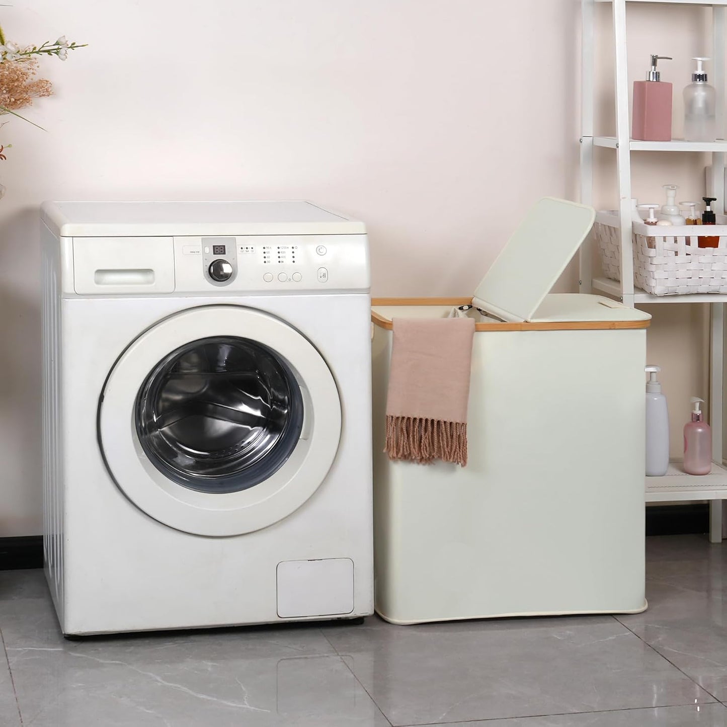 Laundry Hamper with Lid, Double Laundry Hamper with 2 Removable Bags, 2 Section Laundry Basket with Bamboo Handles for Bathroom, Bedroom & Laundry Room, 140L (36.9 Gallon) Beige